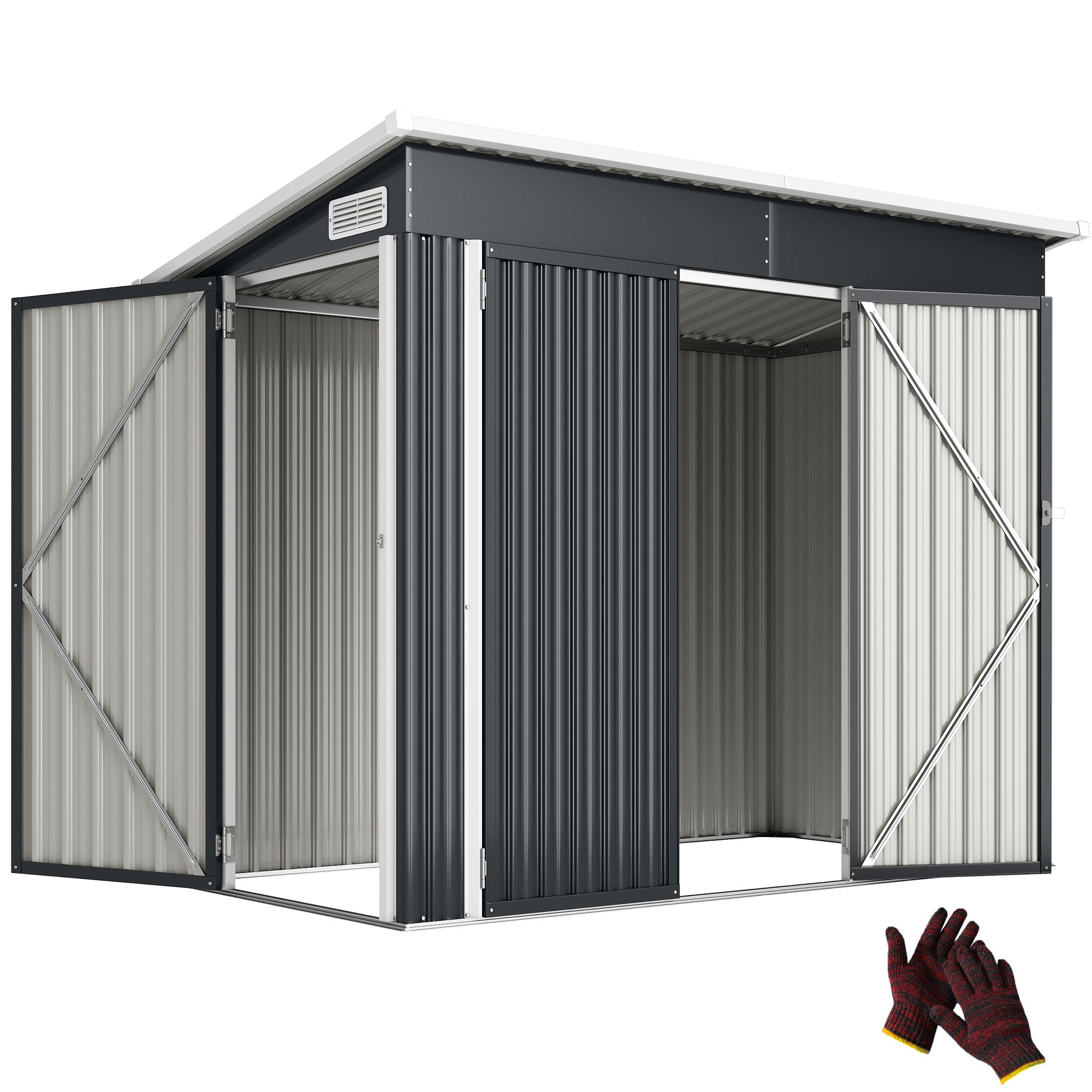 Outsunny Caseta de Jardín Exterior 2,7 m², 234x132x185 cm, Cobertizo de Jardín Exterior Metálico con Triple Puerta, Cerradura, Techo Inclinado y Ventilación para Almacenamiento de Herramientas, Gris