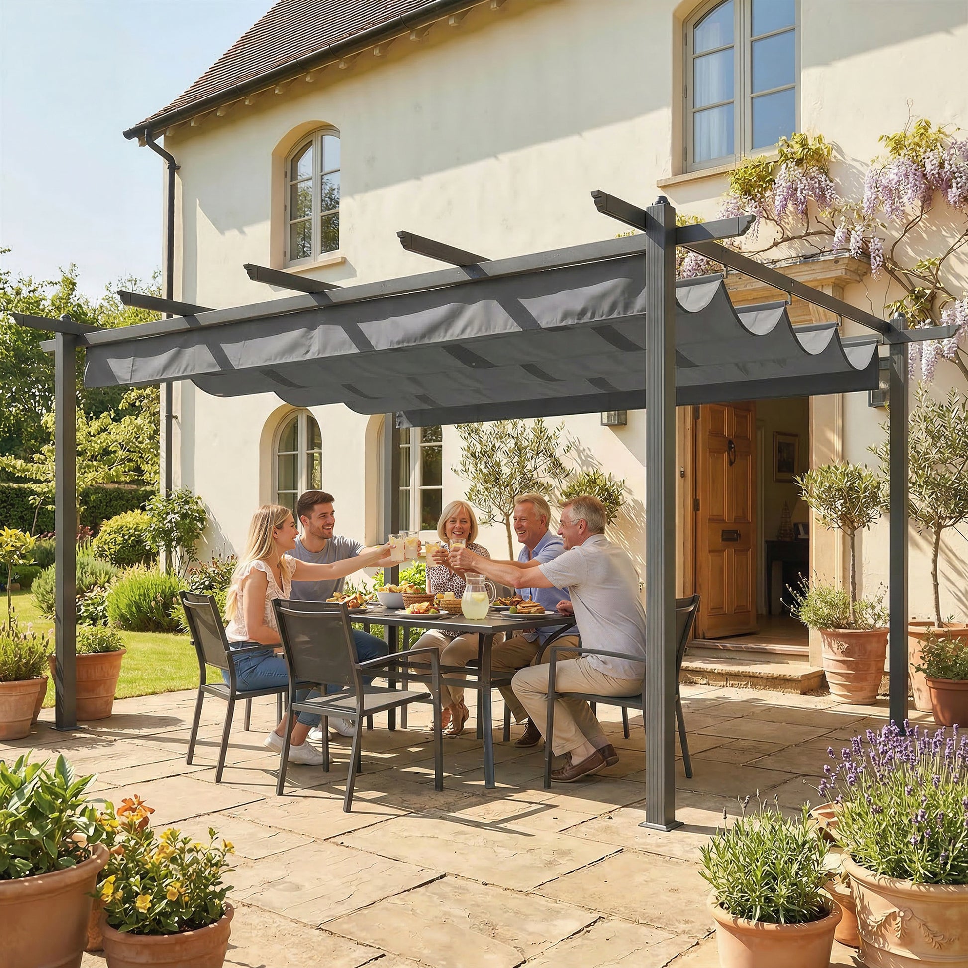 Outsunny Pérgola de Jardín 4x3 m con Techo Retráctil, Cenador de Jardín con Estructura de Aluminio, UPF30+, Orificios de Drenaje, Pabellón para Exterior, Patio, Terraza, Gris
