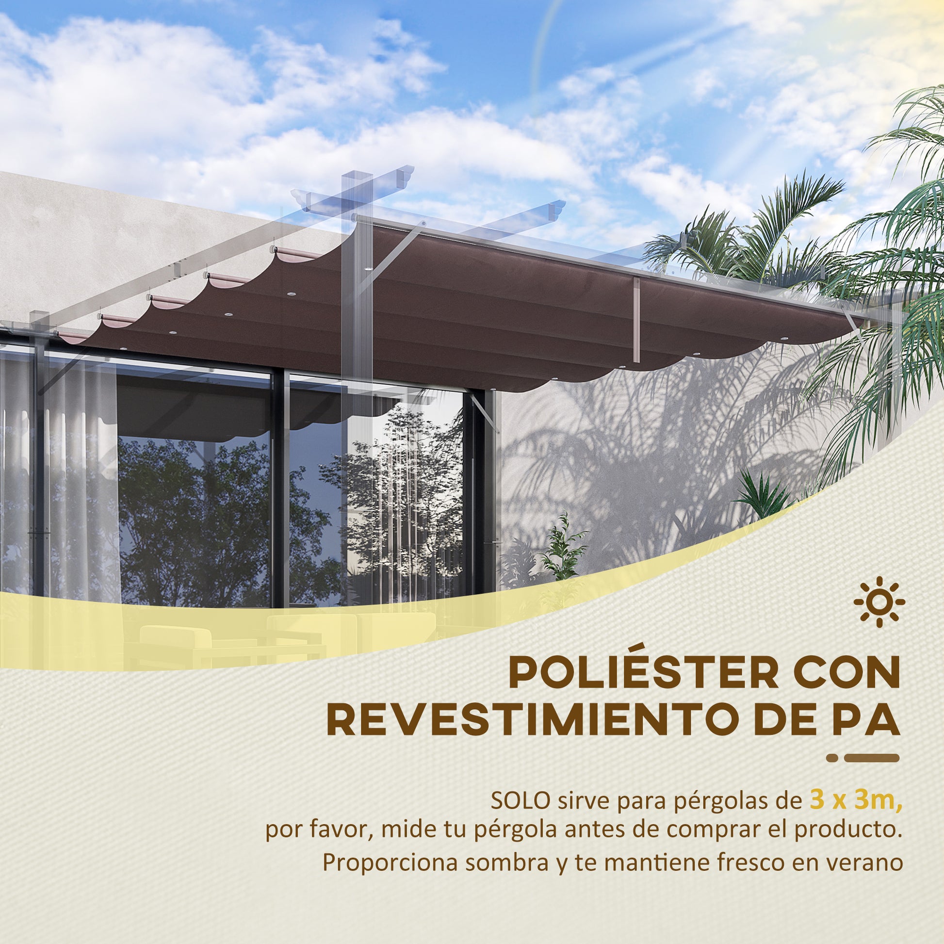 Outsunny Techo de Pérgola 2,5x2,55 m Techo de Repuesto Retráctil para Sombrilla Toldo de Tela para Cenador Jardín con 10 Orificios de Drenaje Café