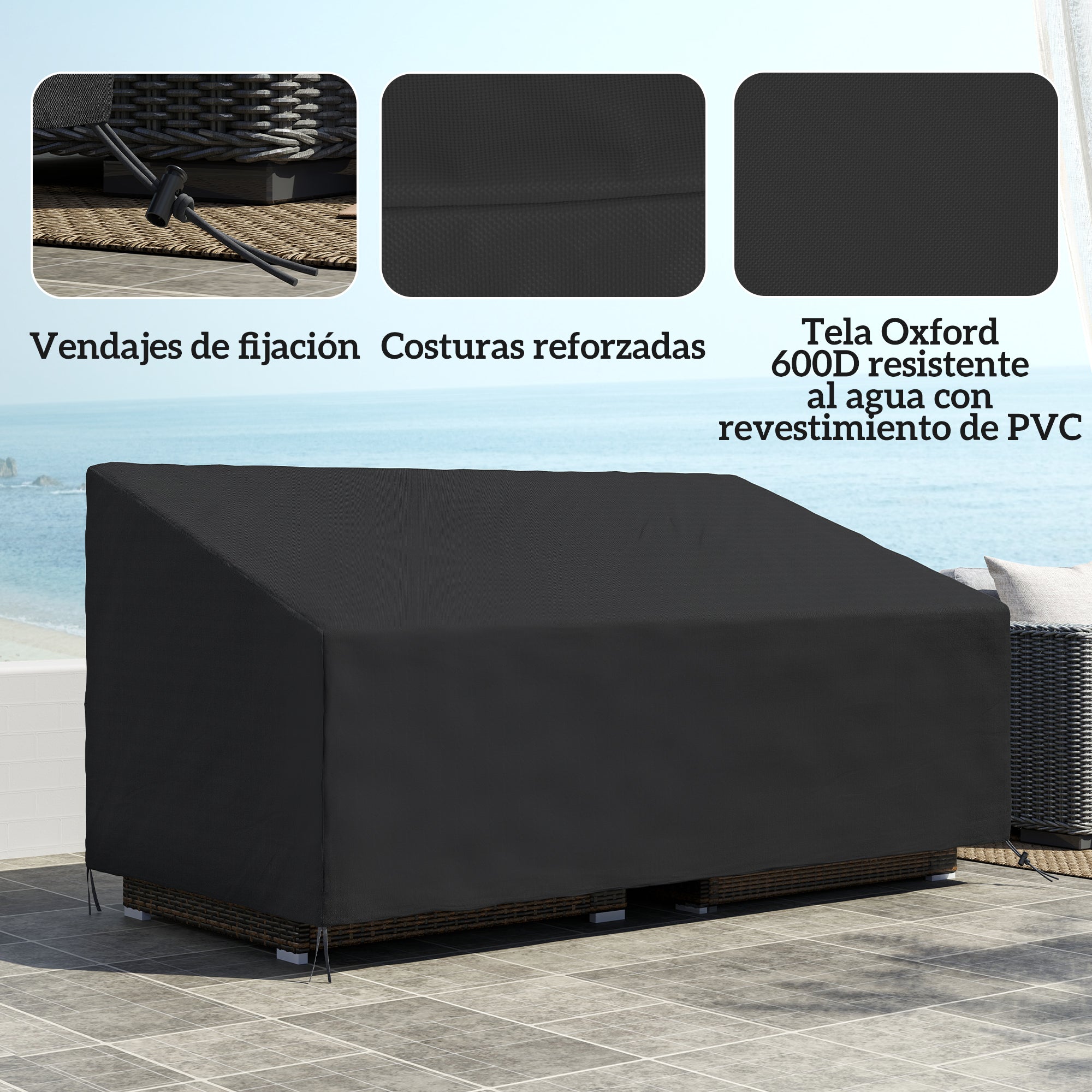 Outsunny Funda para Banco de Jardín 3-4 Plazas, Funda Sofá Exterior Impermeable, Tela Oxford 600D con Recubrimiento Resistente a los Rayos UV y al Polvo, 218x111x63/101 cm para Patio, Terraza, Negro