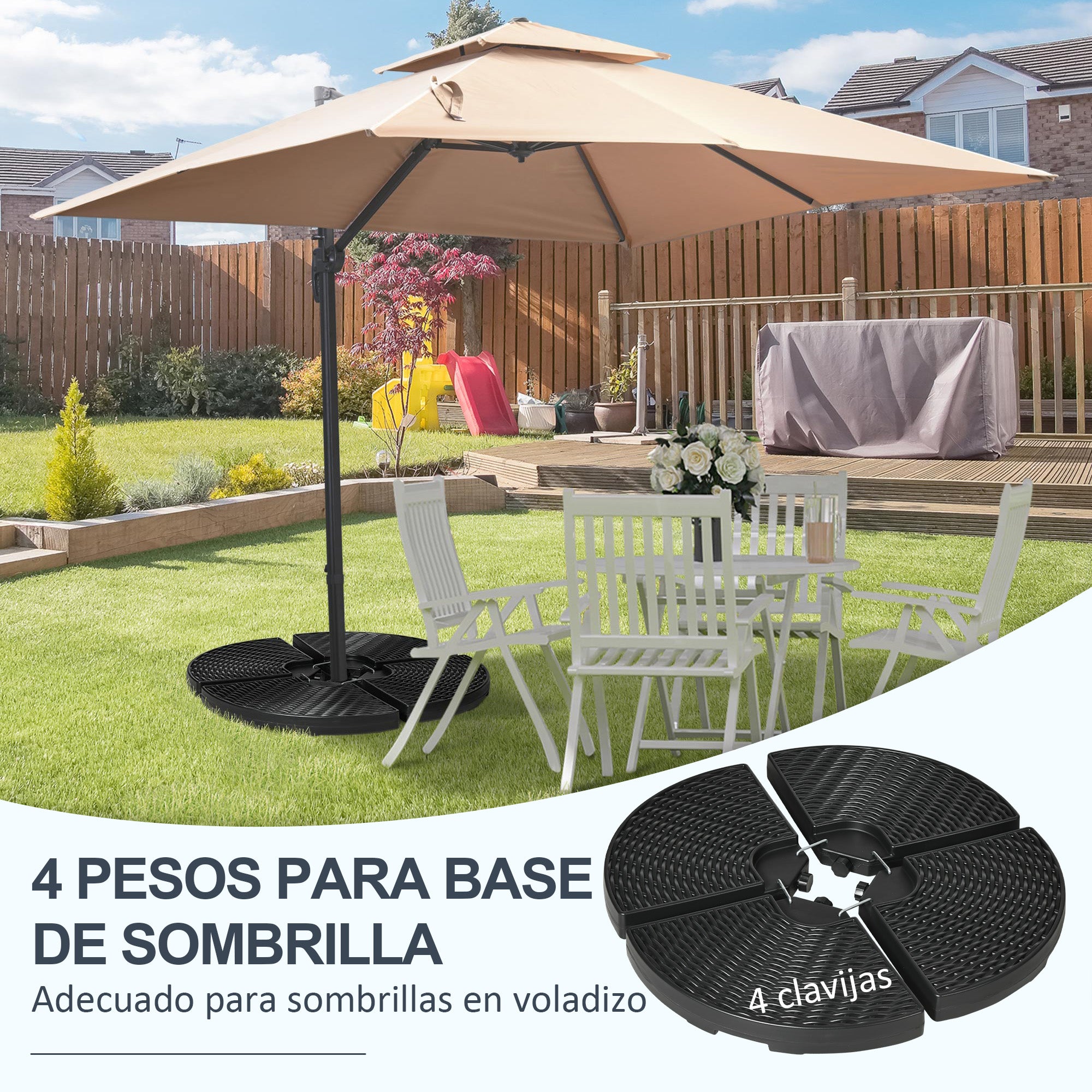 Outsunny Base para Sombrilla de 4 Piezas Soporte para Parasol Rellenable con Arena 68 kg o Agua 52 L para Jardín Patio Terraza Negro