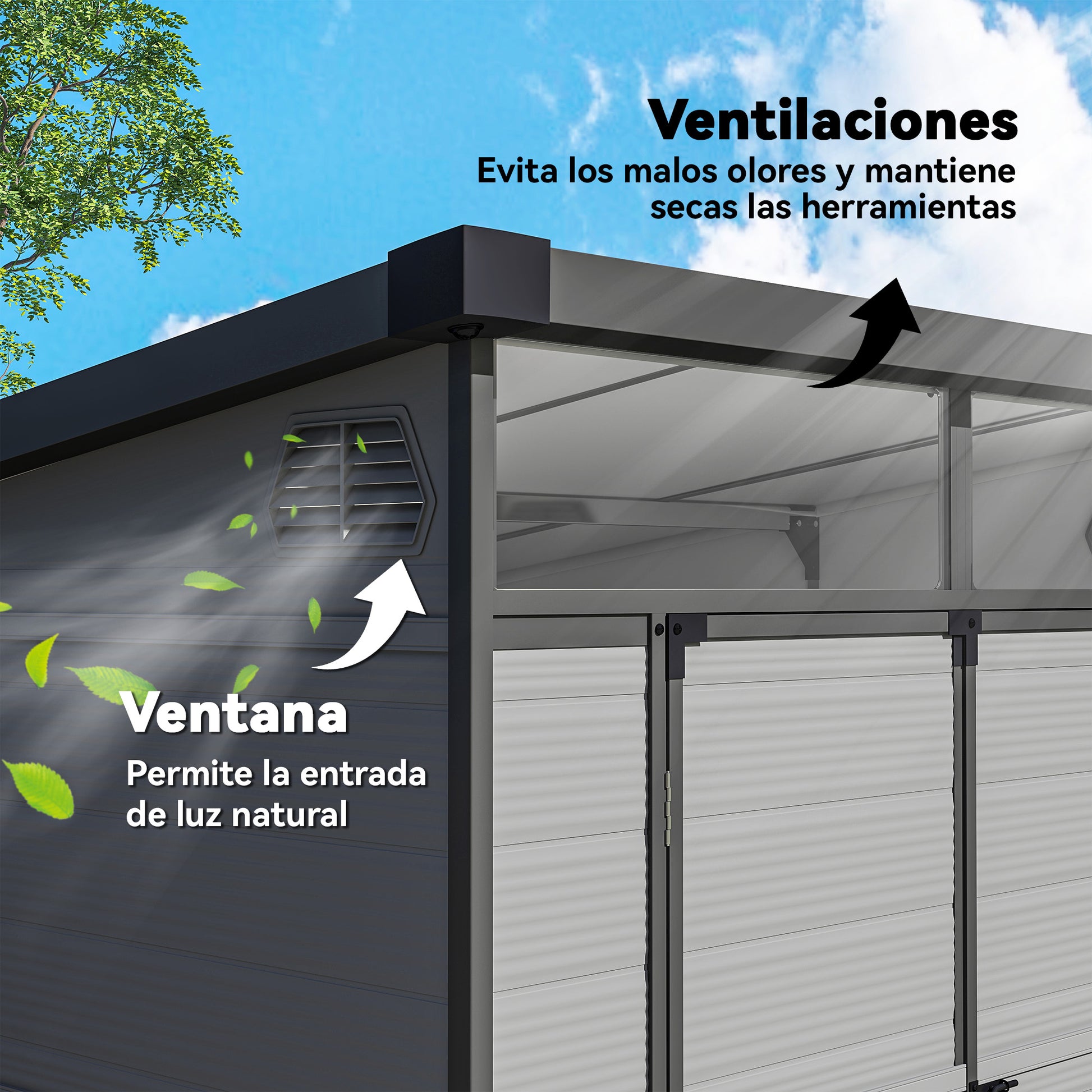 Outsunny Caseta de Jardín Exterior, 3,24 m², 190x191x215 cm, Cobertizo de Jardín Exterior, Puerta Corredera con Pestillo, Ventana y Ventilación, para Almacenamiento de Herramientas, Gris Claro