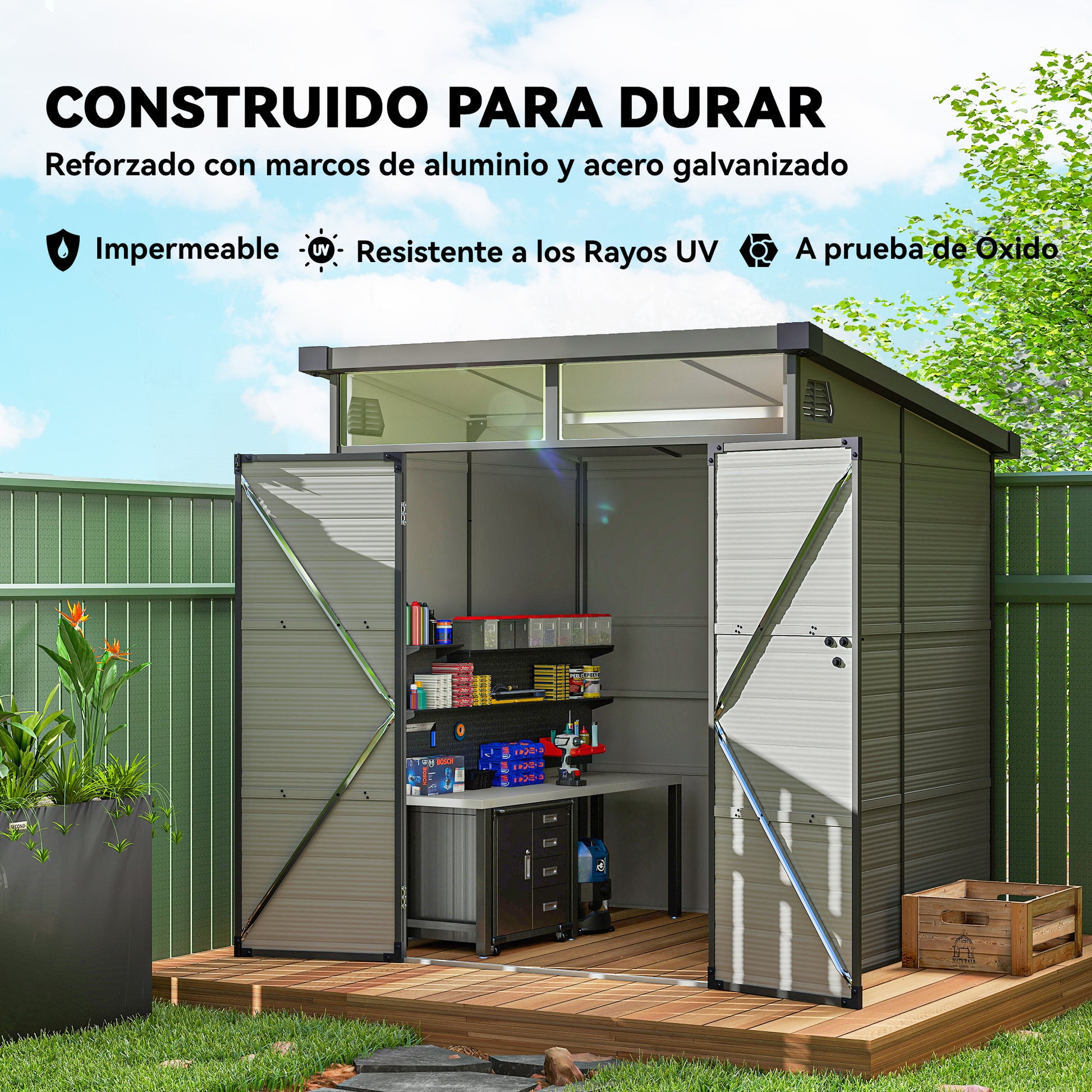 Outsunny Caseta de Jardín Exterior, 3,24 m², 190x191x215 cm, Cobertizo de Jardín Exterior, Puerta Corredera con Pestillo, Ventana y Ventilación, para Almacenamiento de Herramientas, Gris Claro