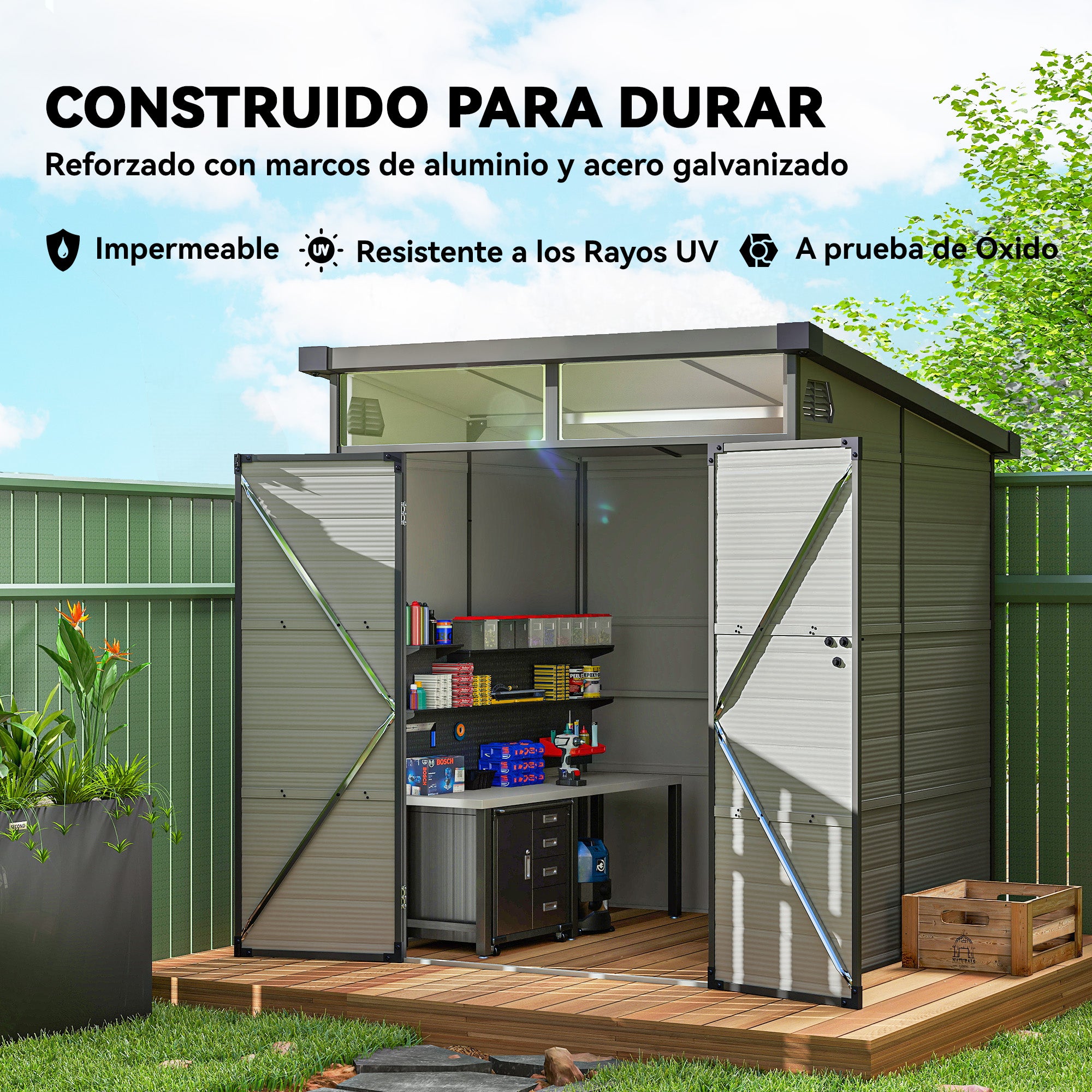 Outsunny Caseta de Jardín Exterior, 3,24 m², 190x191x215 cm, Cobertizo de Jardín Exterior, Puerta Corredera con Pestillo, Ventana y Ventilación, para Almacenamiento de Herramientas, Gris Claro