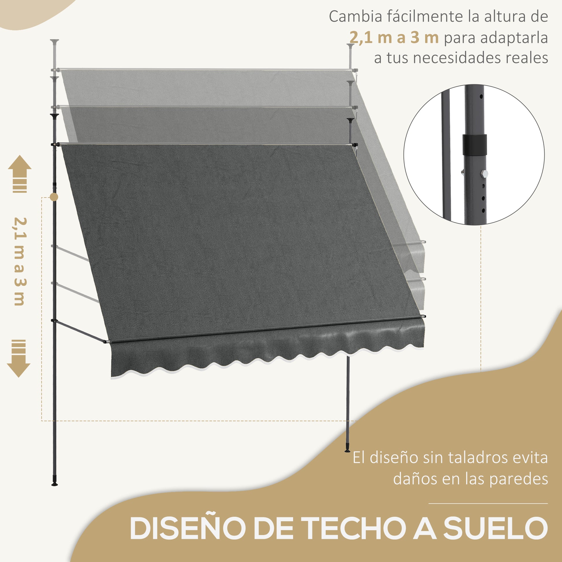 Outsunny Toldo Manual Retráctil 3x1,2 m Toldo Exterior Terraza Enrollable Altura Ajustable con Manivela 210-300 cm Sin Taladro Protección UV30+ para Balcón Jardín Gris Oscuro