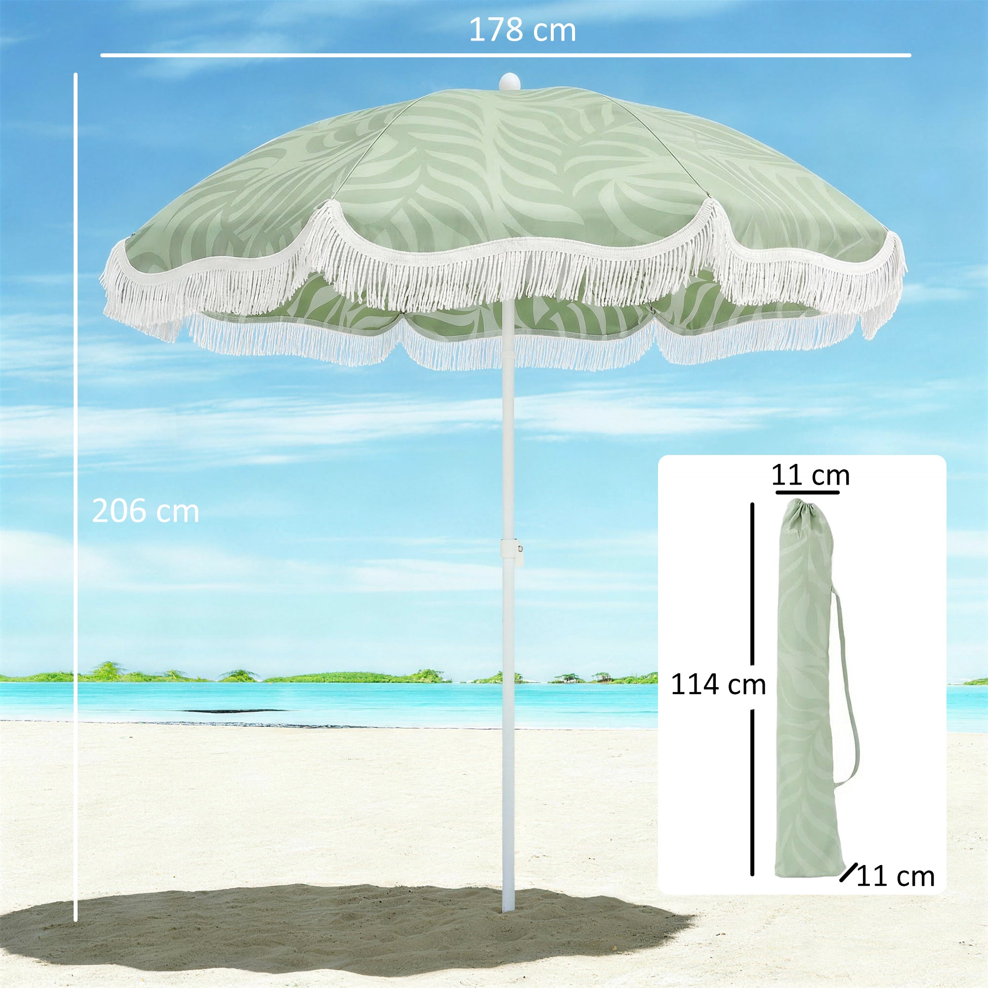 Outsunny Sombrilla de Playa con Flecos Ø180 cm, Sombrilla de Terraza Exterior con Altura Ajustable, Inclinación, Anclaje Arena y Bolsa de Transporte, UPF30+, Estampado de Hojas, Verde
