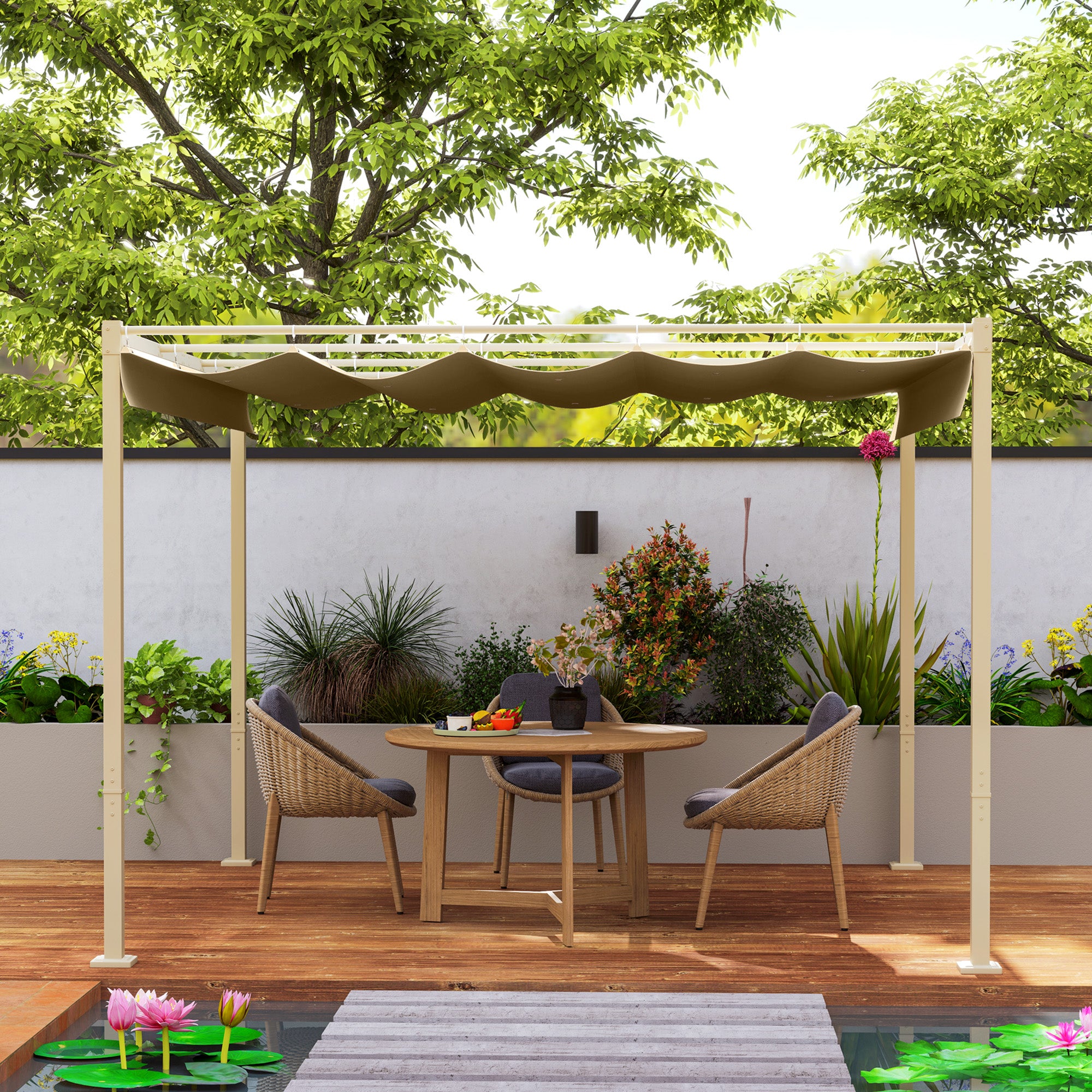 Outsunny Pérgola con Techo Retráctil Pérgola de 3x3 m Cenador de Pared o Independiente con Cierre Magnético Protección UV30+ Pabellón para Jardín Patio Terraza Exterior Caqui