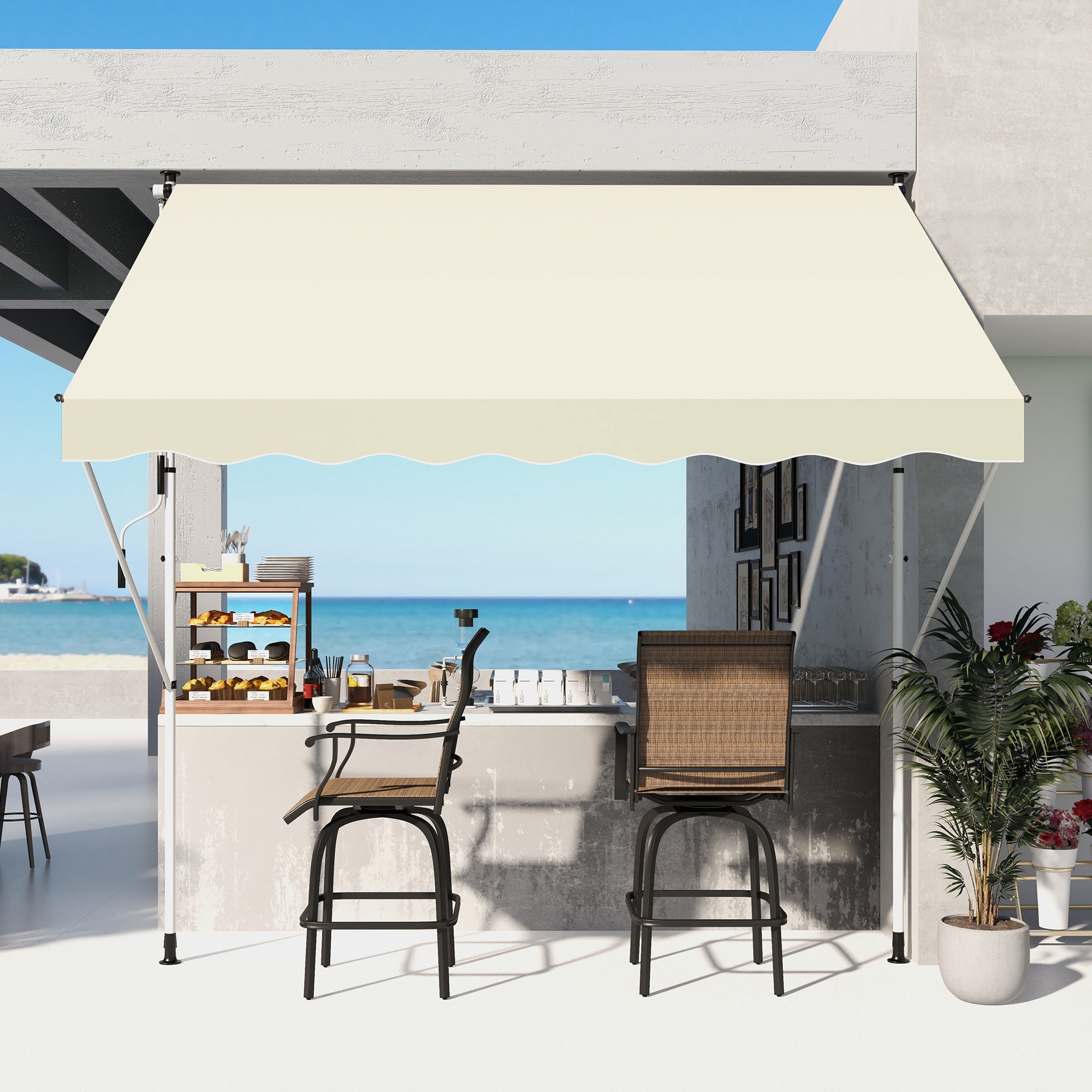 Outsunny Toldo Manual Retráctil 3x1,5 m Toldo Exterior Terraza Enrollable Altura Ajustable con Manivela 170-280 cm Sin Taladro para Balcón Jardín Beige