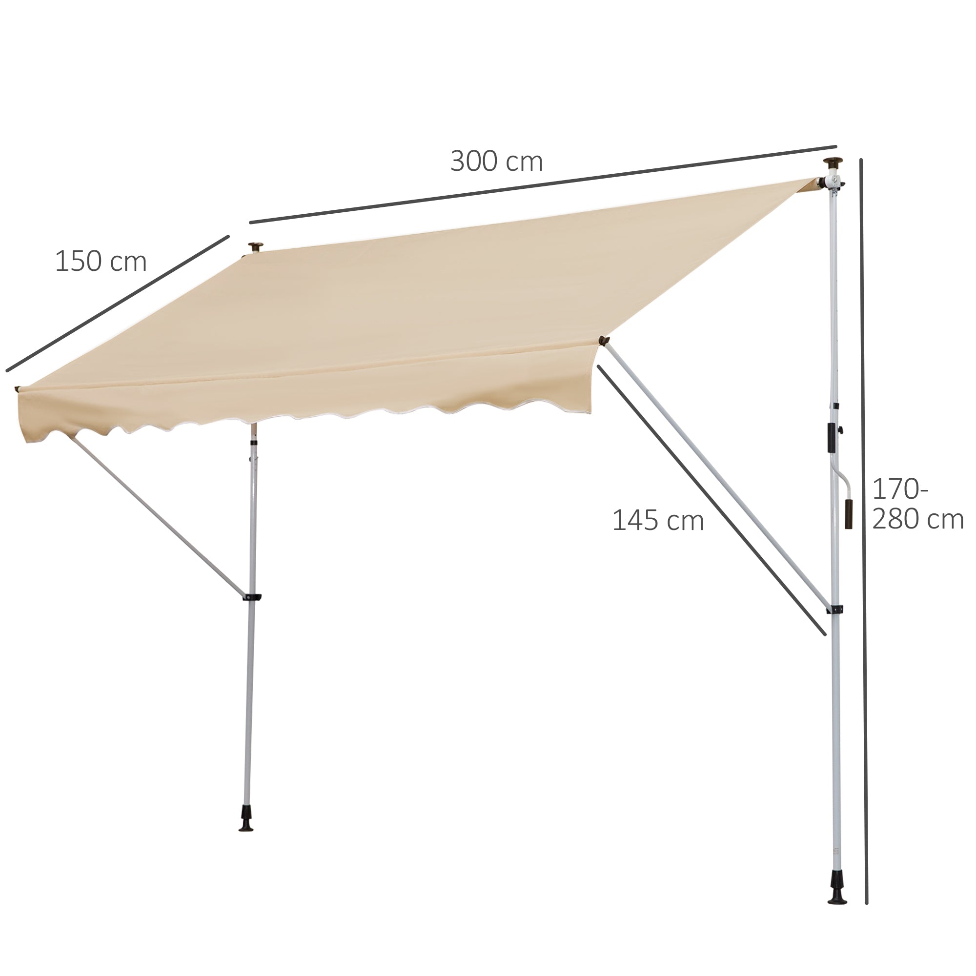Outsunny Toldo Manual Retráctil 3x1,5 m Toldo Exterior Terraza Enrollable Altura Ajustable con Manivela 170-280 cm Sin Taladro para Balcón Jardín Beige