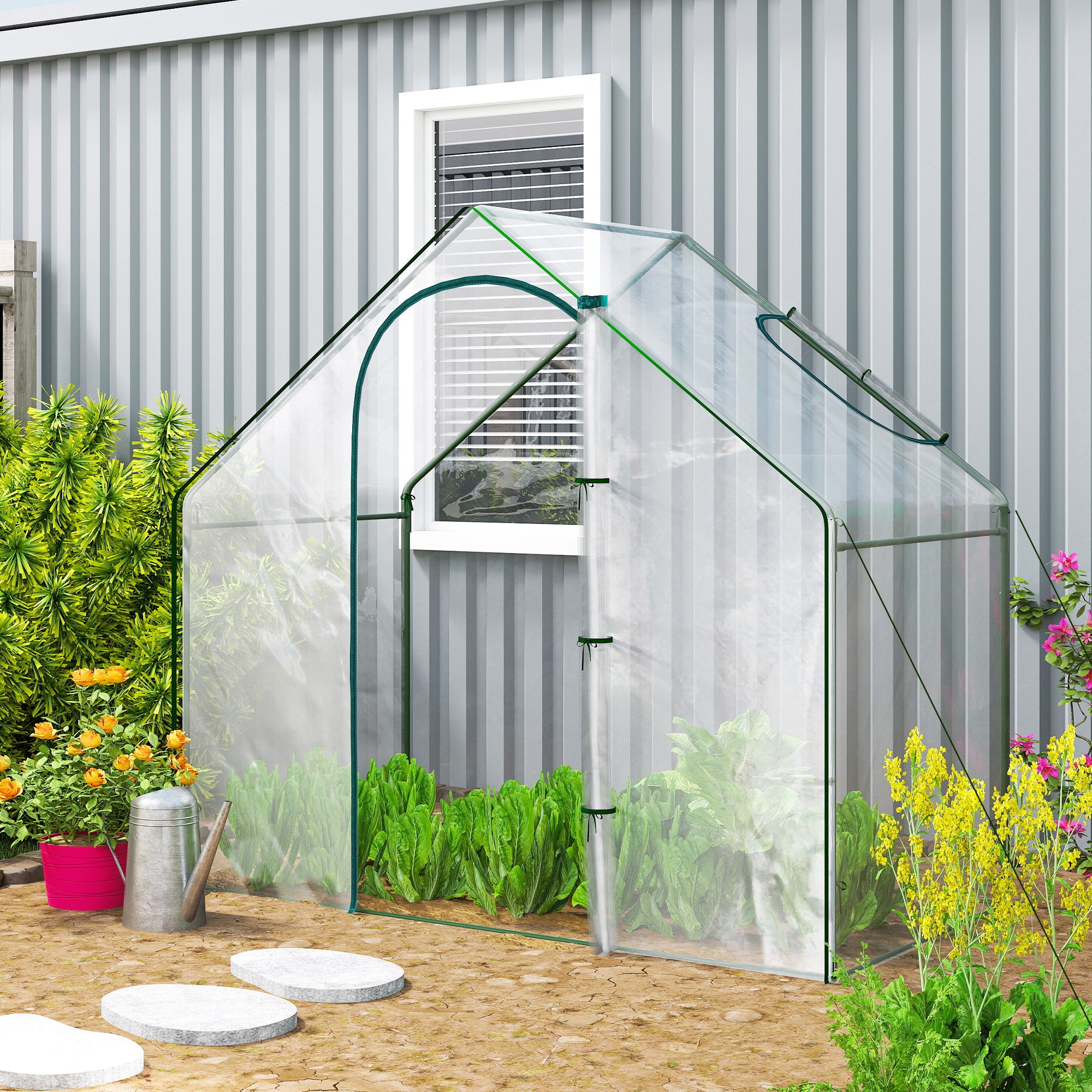 Outsunny Invernadero Pequeño, Invernadero de Exterior con Ventana y Puerta con Cremallera, Marco de Acero, Cubierta de Plástico Impermeable Anti-UV para Cultivar Plantas, 180x100x168 cm, Transparente