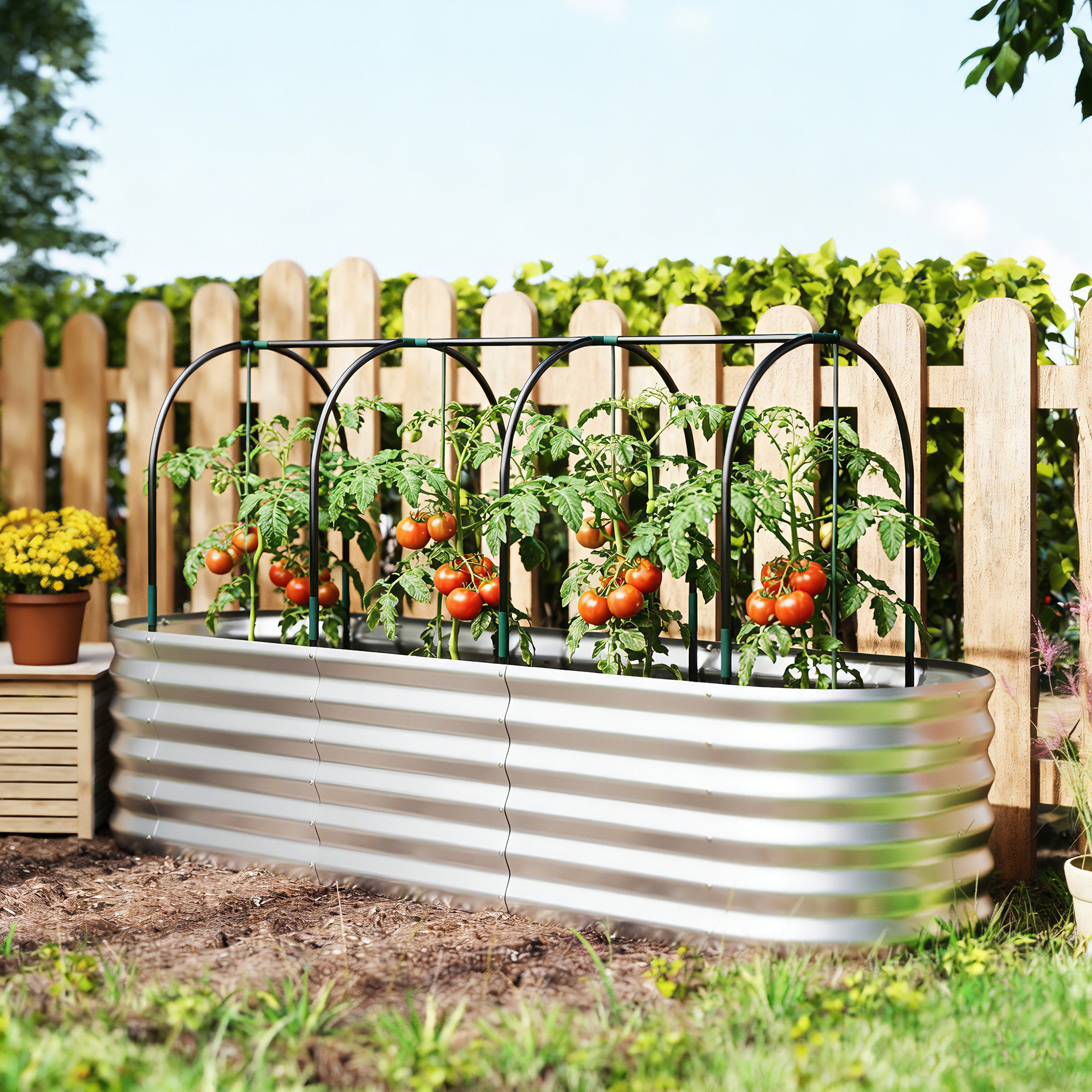 Outsunny Jardinera Exterior Grande con Cubierta de Invernadero y Malla, Huerto Urbano de Acero Galvanizado con Fondo Abierto, Resistente a la Intemperie, para Patio, Terraza, 200x60x103 cm, Plateado