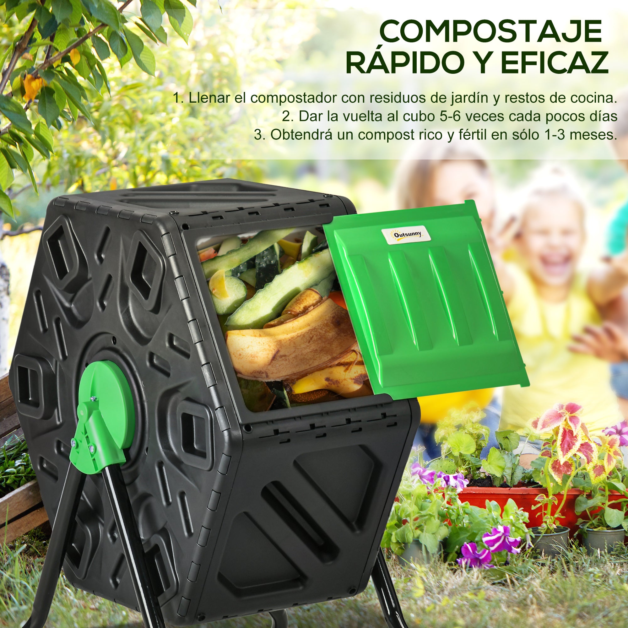 Outsunny Compostador Giratorio de 65L Contenedor de Compostaje de Jardín de Doble Cámara Compostadora con Aberturas de Ventilación y Patas de Acero 60x49x77 cm Negro