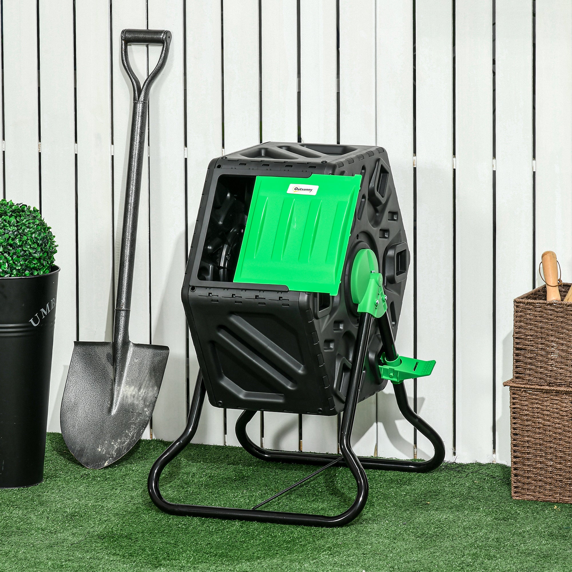Outsunny Compostador Giratorio de 65L Contenedor de Compostaje de Jardín de Doble Cámara Compostadora con Aberturas de Ventilación y Patas de Acero 60x49x77 cm Negro