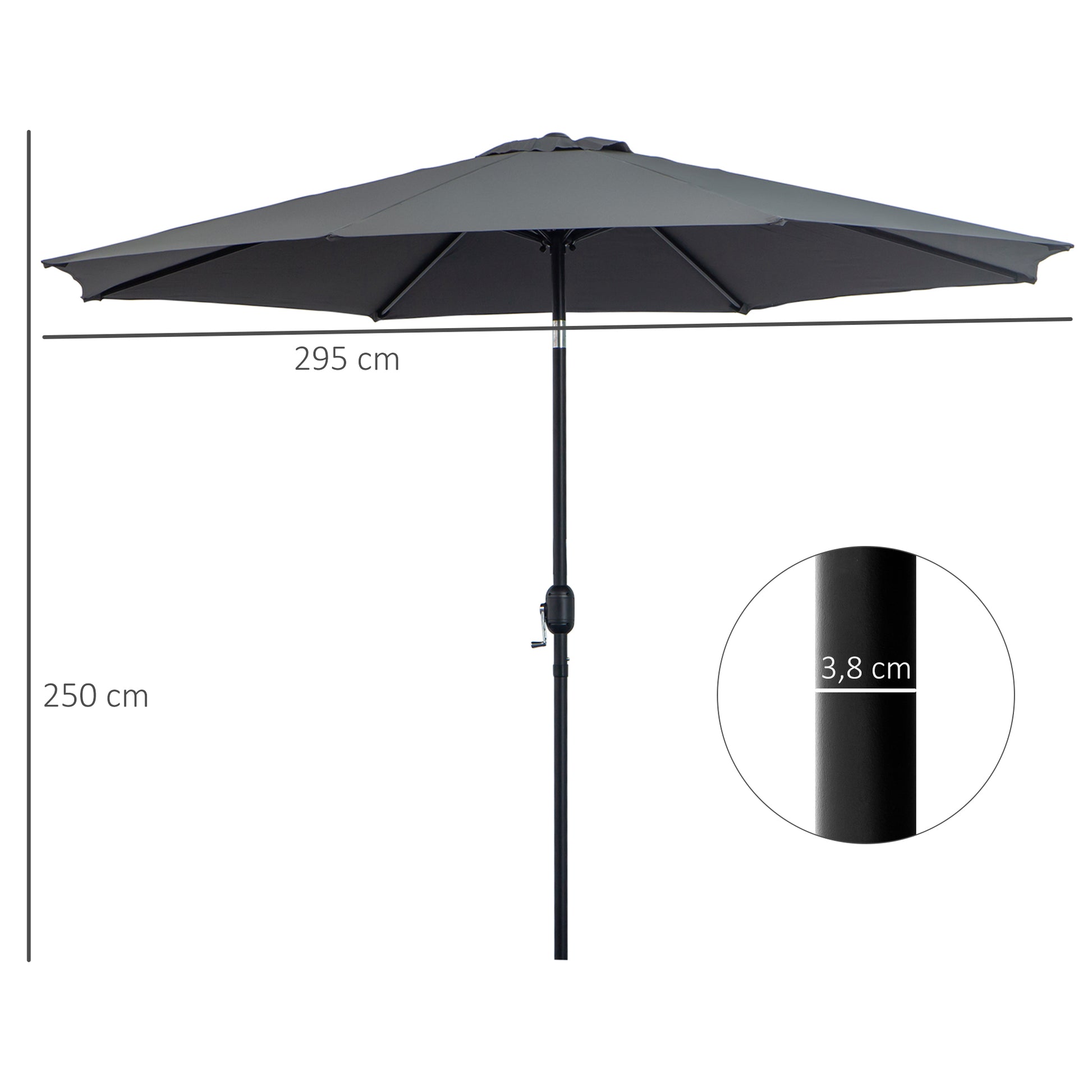 Outsunny Sombrilla de Jardín Ø295x250 cm con Manivela Parasol Exterior con Mecanismo de Inclinación y Poste Desmontable de Metal para Terraza Piscina Patio Gris Oscuro