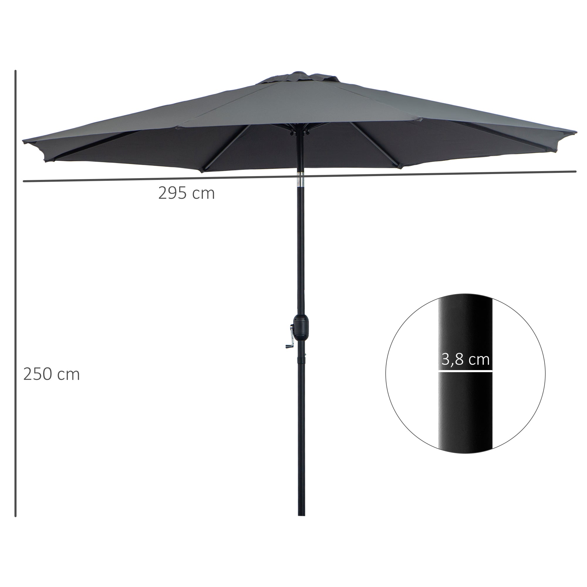 Outsunny Sombrilla de Jardín Ø295x250 cm con Manivela Parasol Exterior con Mecanismo de Inclinación y Poste Desmontable de Metal para Terraza Piscina Patio Gris Oscuro