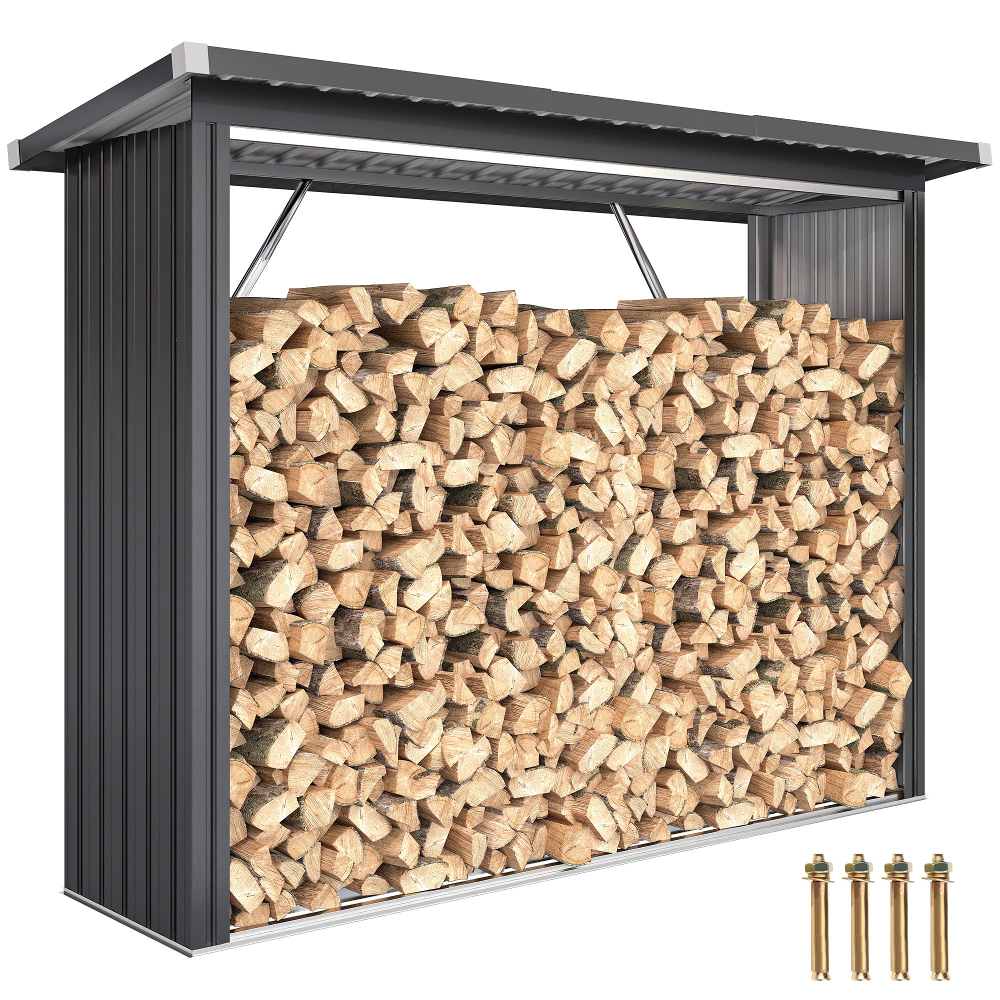 Outsunny Casetilla para Leña de Acero Galvanizado, Cobertizo Leñero Exterior de Almacenamiento de Troncos, con Base Elevada y Techo Inclinado, 213x66,5x150 cm, Gris Oscuro