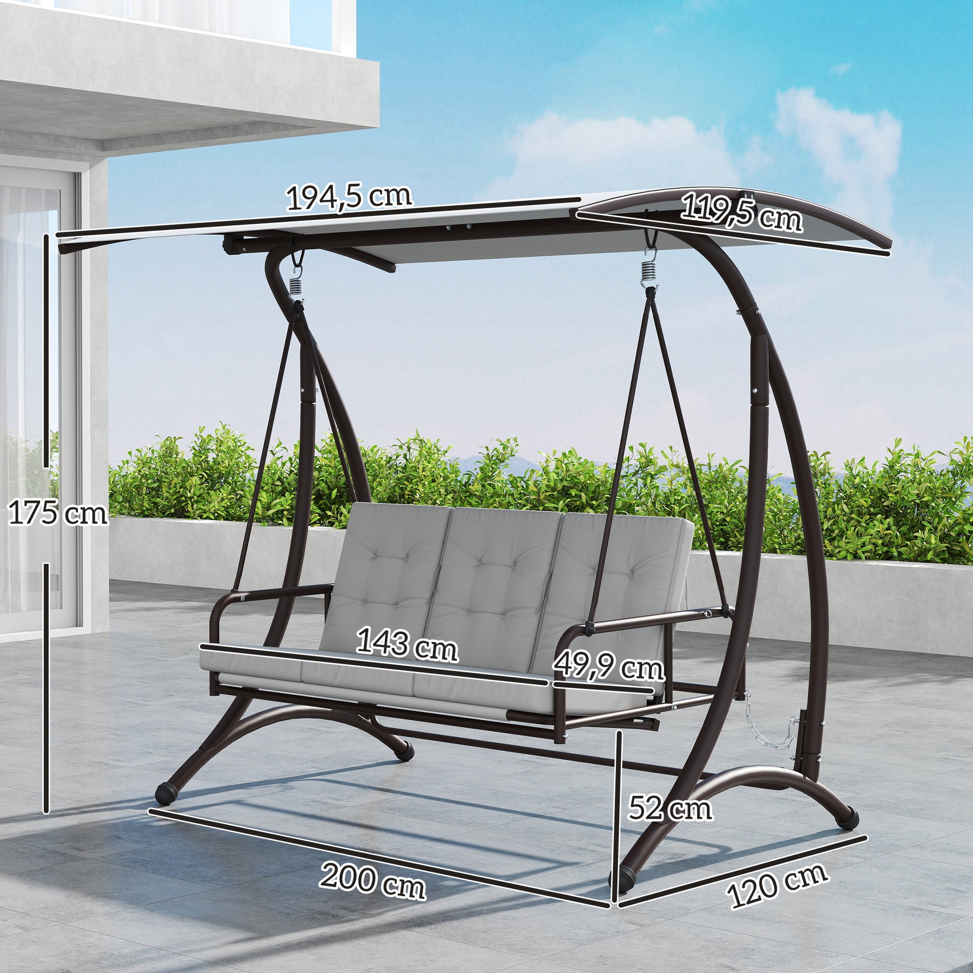 Outsunny Columpio de Jardín Exterior de 3 Plazas Balancín de Jardín Exterior Convertible en Cama con Toldo Ajustable Protección UPF30+ y Cojines Carga 330 kg 200x120x175 cm Gris Claro