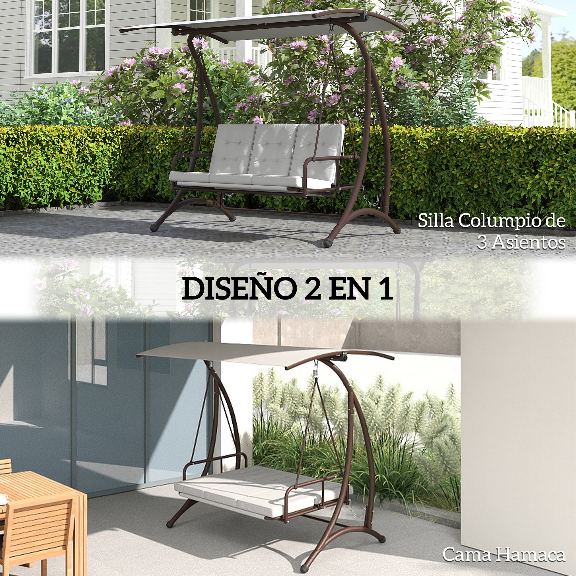 Outsunny Columpio de Jardín Exterior de 3 Plazas Balancín de Jardín Exterior Convertible en Cama con Toldo Ajustable Protección UPF30+ y Cojines Carga 330 kg 200x120x175 cm Gris Claro
