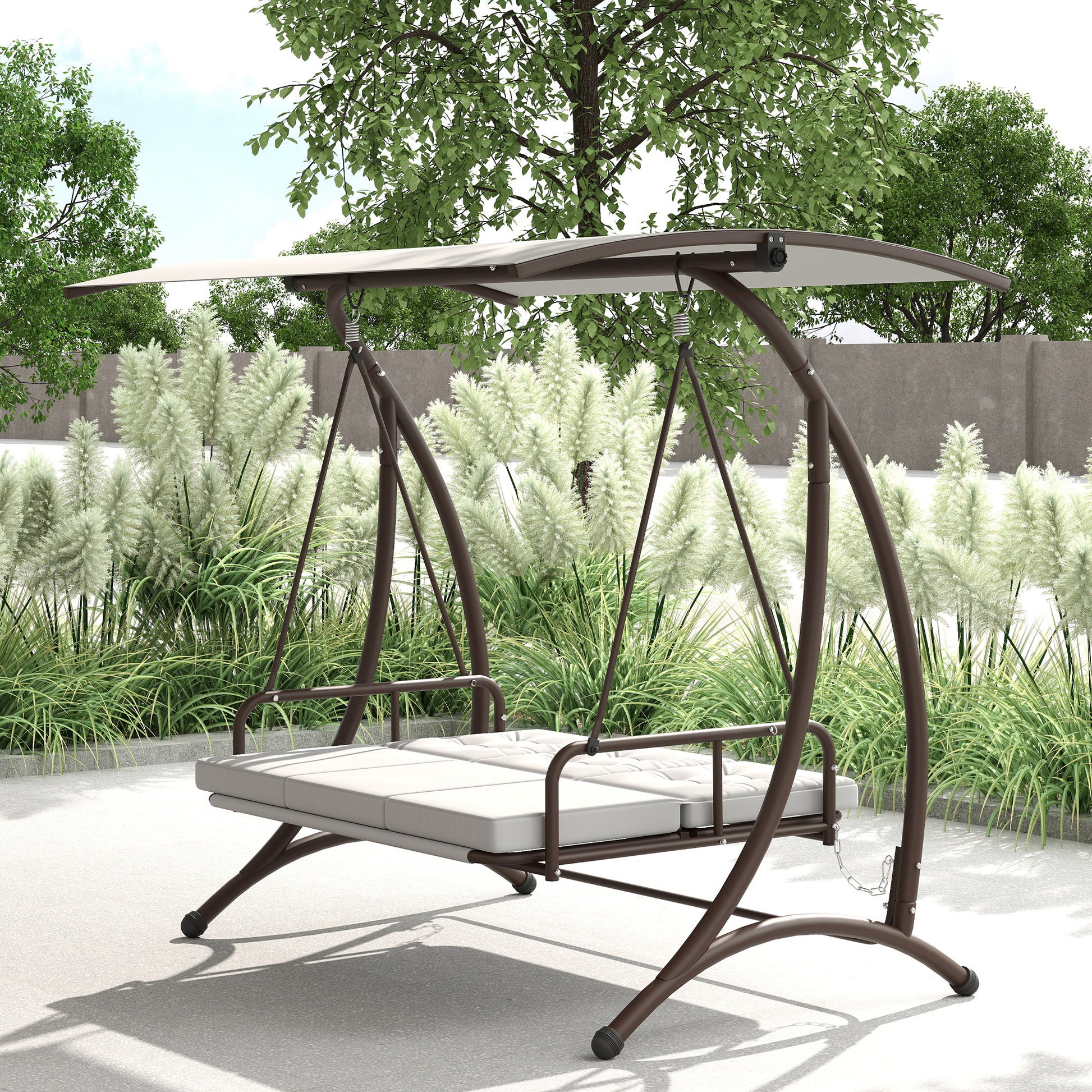 Outsunny Columpio de Jardín Exterior de 3 Plazas Balancín de Jardín Exterior Convertible en Cama con Toldo Ajustable Protección UPF30+ y Cojines Carga 330 kg 200x120x175 cm Gris Claro