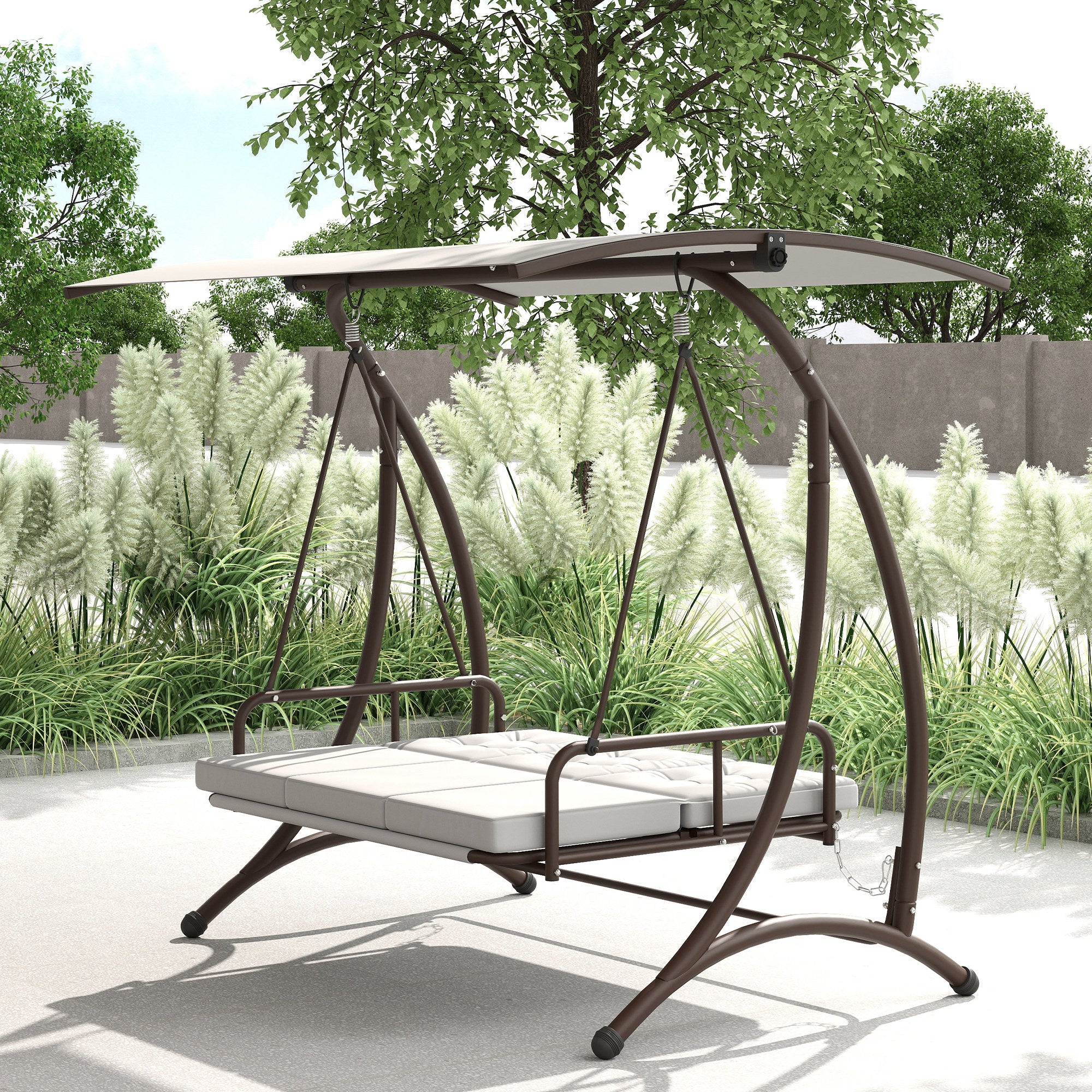 Outsunny Columpio de Jardín Exterior de 3 Plazas Balancín de Jardín Exterior Convertible en Cama con Toldo Ajustable Protección UPF30+ y Cojines Carga 330 kg 200x120x175 cm Gris Claro