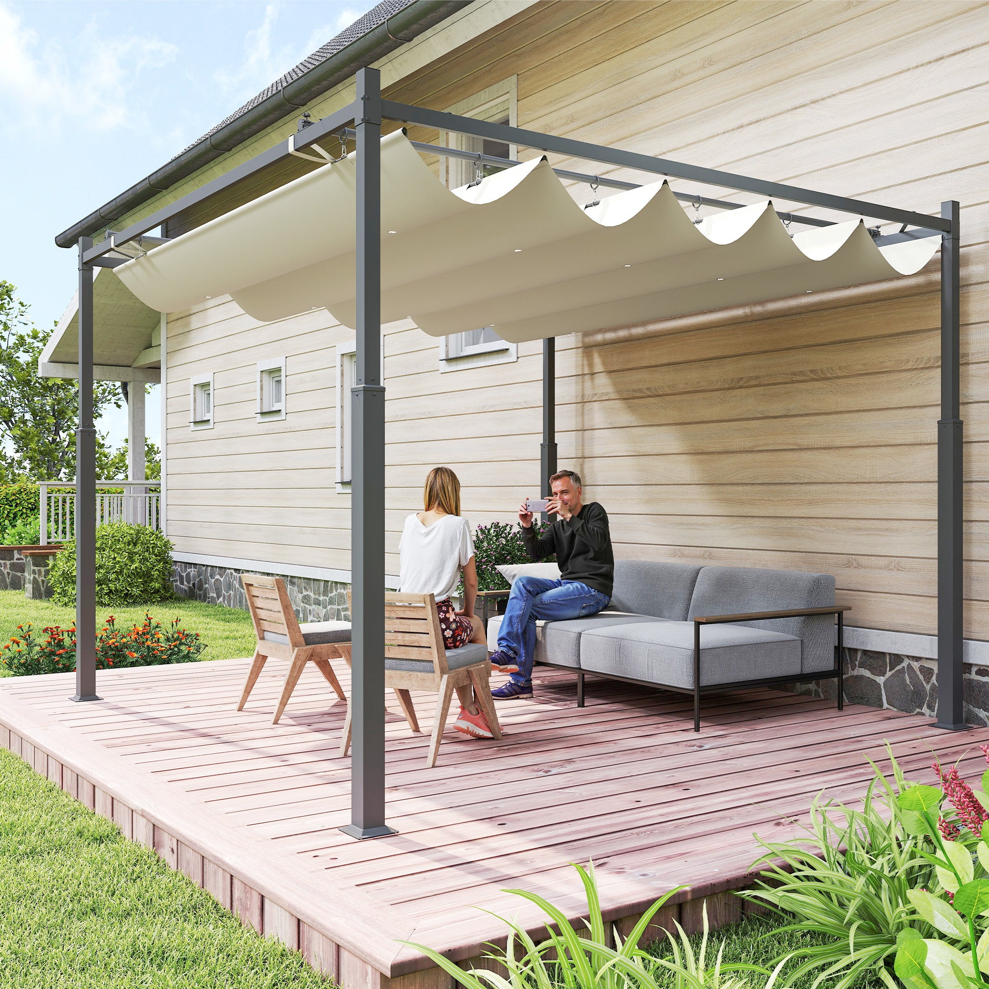 Outsunny Pérgola de Jardín 3x3 m con Techo Retráctil y Accesorio Magnético, Cenador de Jardín con Protección UV30+, Columnas Metálicas y Ganchos, Pabellón para Patio, Terraza, Exterior, Blanco Crema