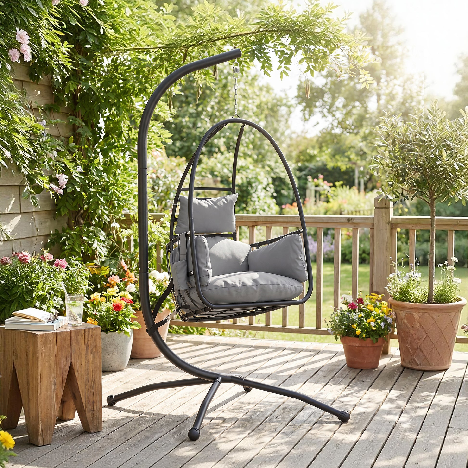 Outsunny Silla Colgante Huevo con Soporte, Columpio de Jardín Exterior con Cesta Plegable, Reposacabezas, Cojín, Bolsillo Lateral, Columpio Colgante para Interior y Exterior, Carga 120 kg, Gris Oscuro