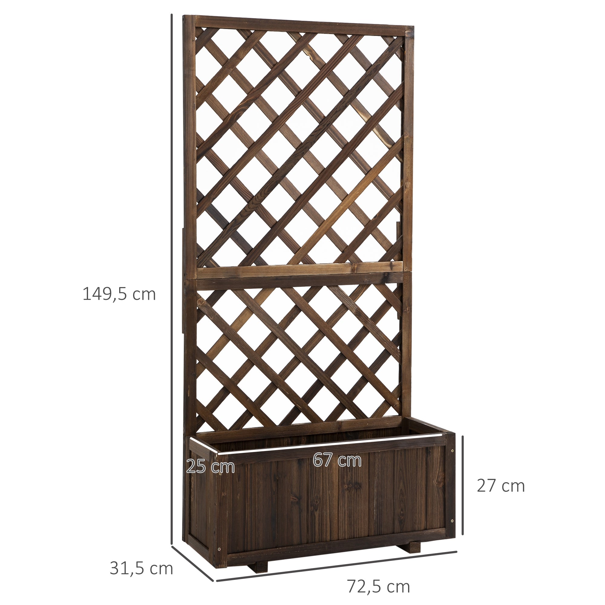 Outsunny Jardinera con Enrejado de Madera Maciza Macetero de Jardín con Soporte para Trepadora para Cultivo de Plantas Flores en Exterior 72,5x31,5x149,5 cm Carbonizado