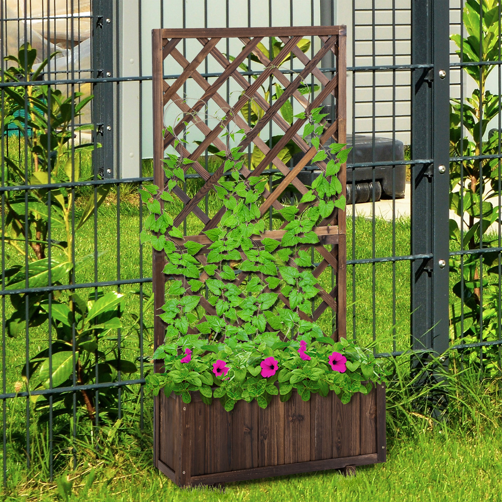 Outsunny Jardinera con Enrejado de Madera Maciza Macetero de Jardín con Soporte para Trepadora para Cultivo de Plantas Flores en Exterior 72,5x31,5x149,5 cm Carbonizado