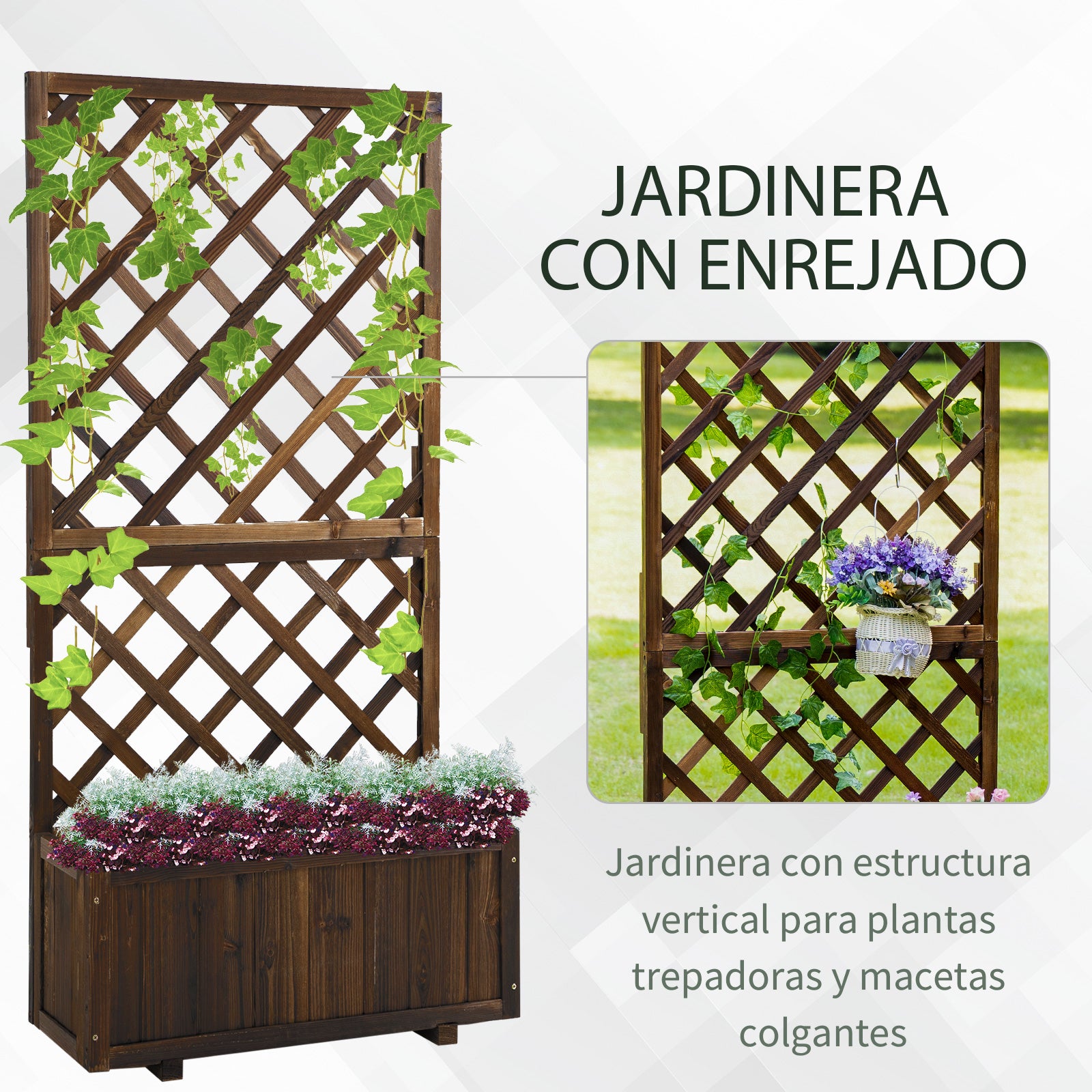 Outsunny Jardinera con Enrejado de Madera Maciza Macetero de Jardín con Soporte para Trepadora para Cultivo de Plantas Flores en Exterior 72,5x31,5x149,5 cm Carbonizado