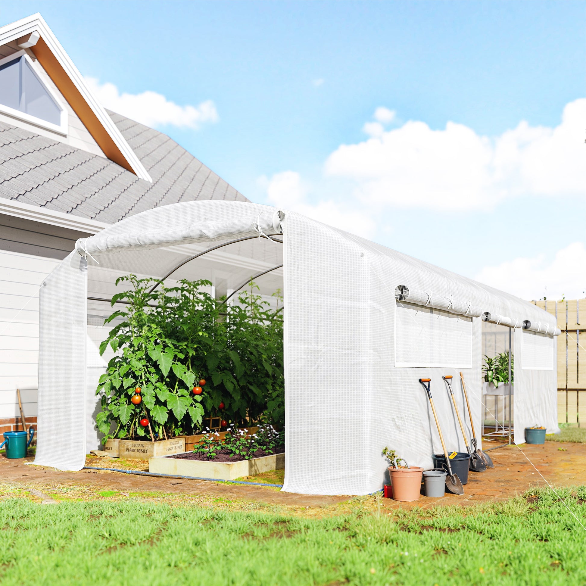 Outsunny Invernadero de Exterior 6x3x2 m, Invernadero de Túnel con 3 Puertas Enrollables, Ventanas de Malla, Cubierta PE 140g/m² Anti-UV y Marco de Acero Galvanizado, para Cultivos, Plantas, Blanco
