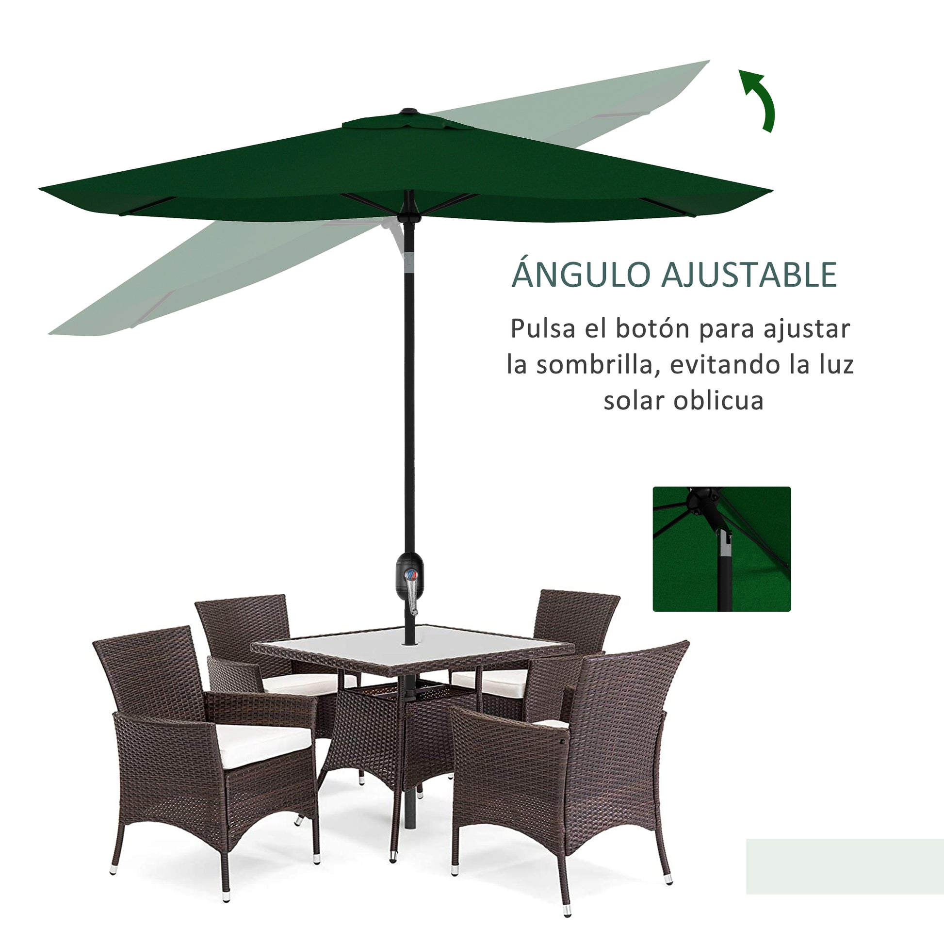 Outsunny Sombrilla de Terraza Exterior 3x2 m Parasol de Terraza Exterior con Ángulo Ajustable Mástil de Aluminio y Protección UV 50+ Sombrilla para Jardín Patio Verde