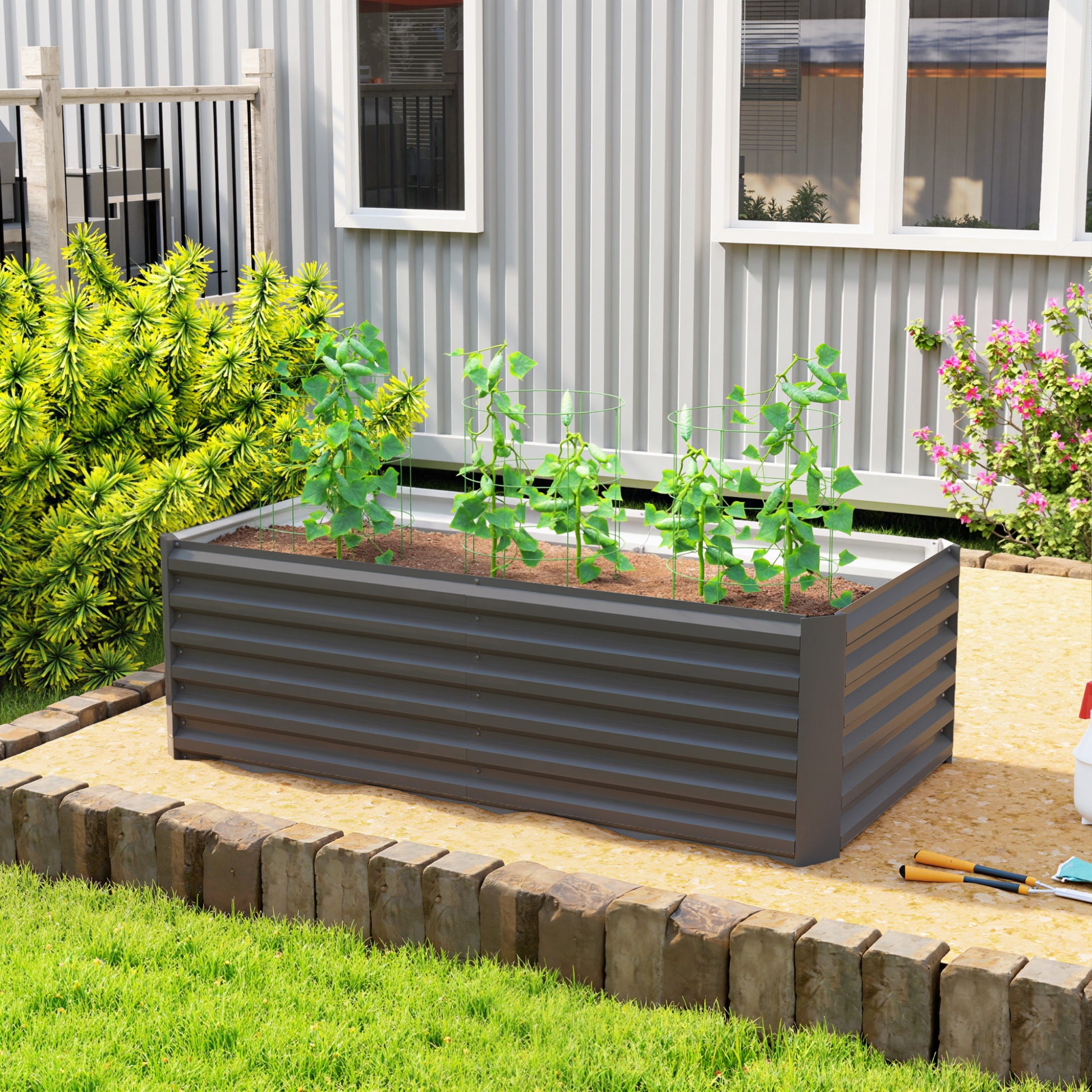 Outsunny Jardinera Exterior Grande Rectangular de Acero Galvanizado, Huerto Urbano para Cultivar Plantas, Macetero Grande Exterior con Base Abierta, Resistente a la Intemperie, 180x90x57,5 cm, Gris