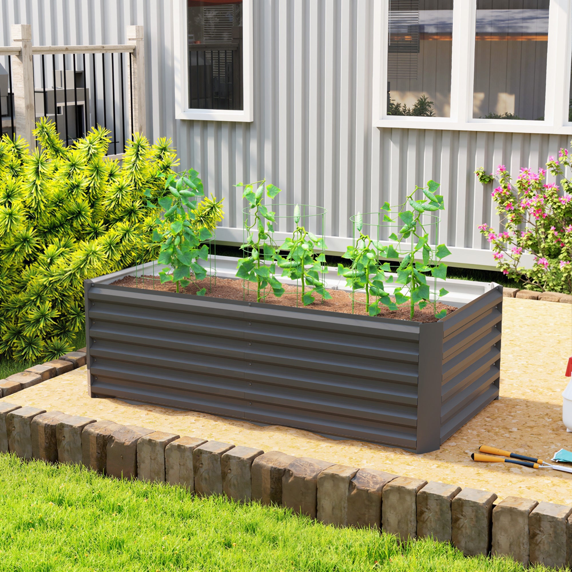 Outsunny Jardinera Exterior Grande Rectangular de Acero Galvanizado, Huerto Urbano para Cultivar Plantas, Macetero Grande Exterior con Base Abierta, Resistente a la Intemperie, 180x90x57,5 cm, Gris