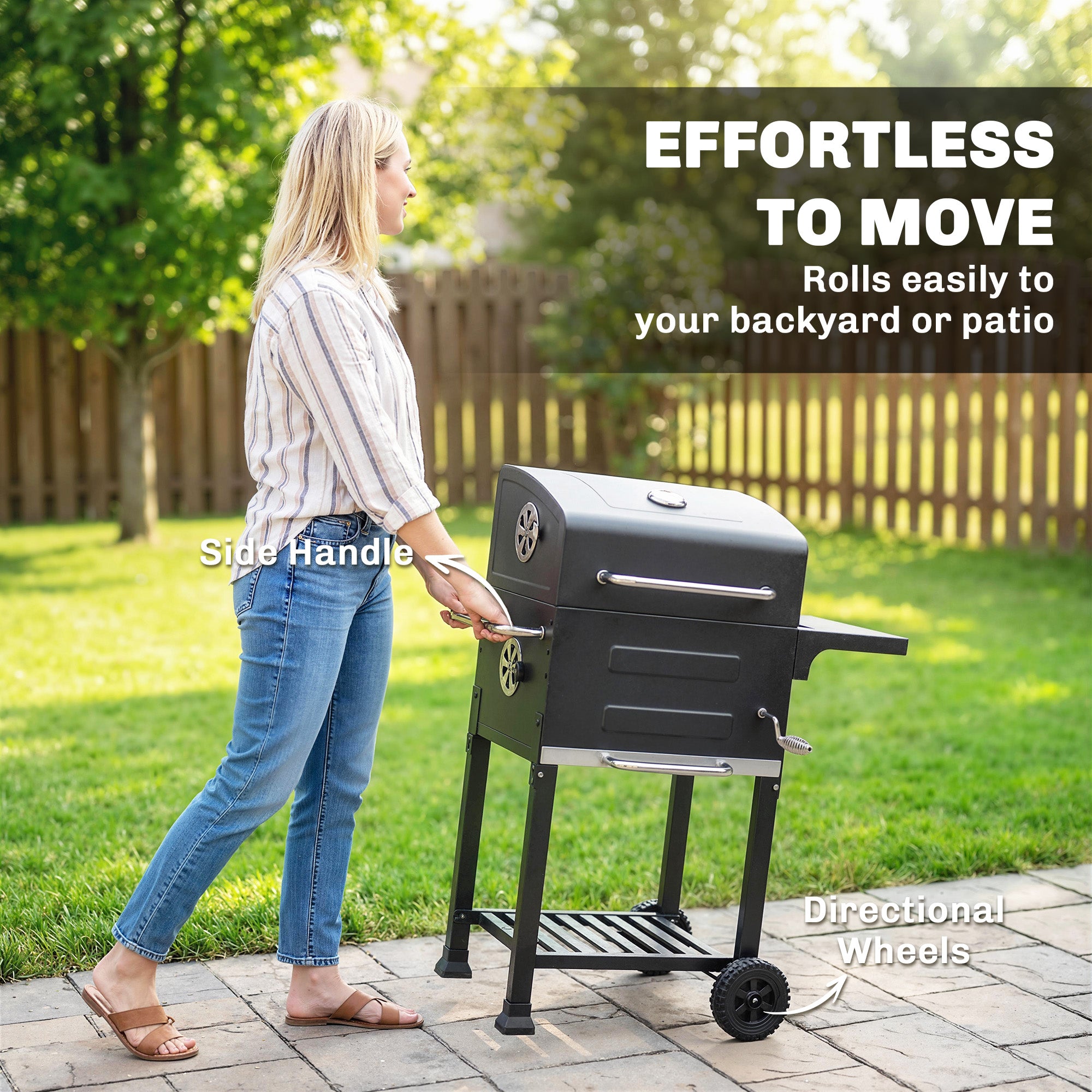 Outsunny Barbacoa de Carbón Portátil, Barbacoa de Carbón con Termómetro, Ventilación Ajustable, Parrilla de Acero Inoxidable, Estante Lateral, Tapa, Bandeja Cenizas, Ruedas, Estante Inferior, Negro