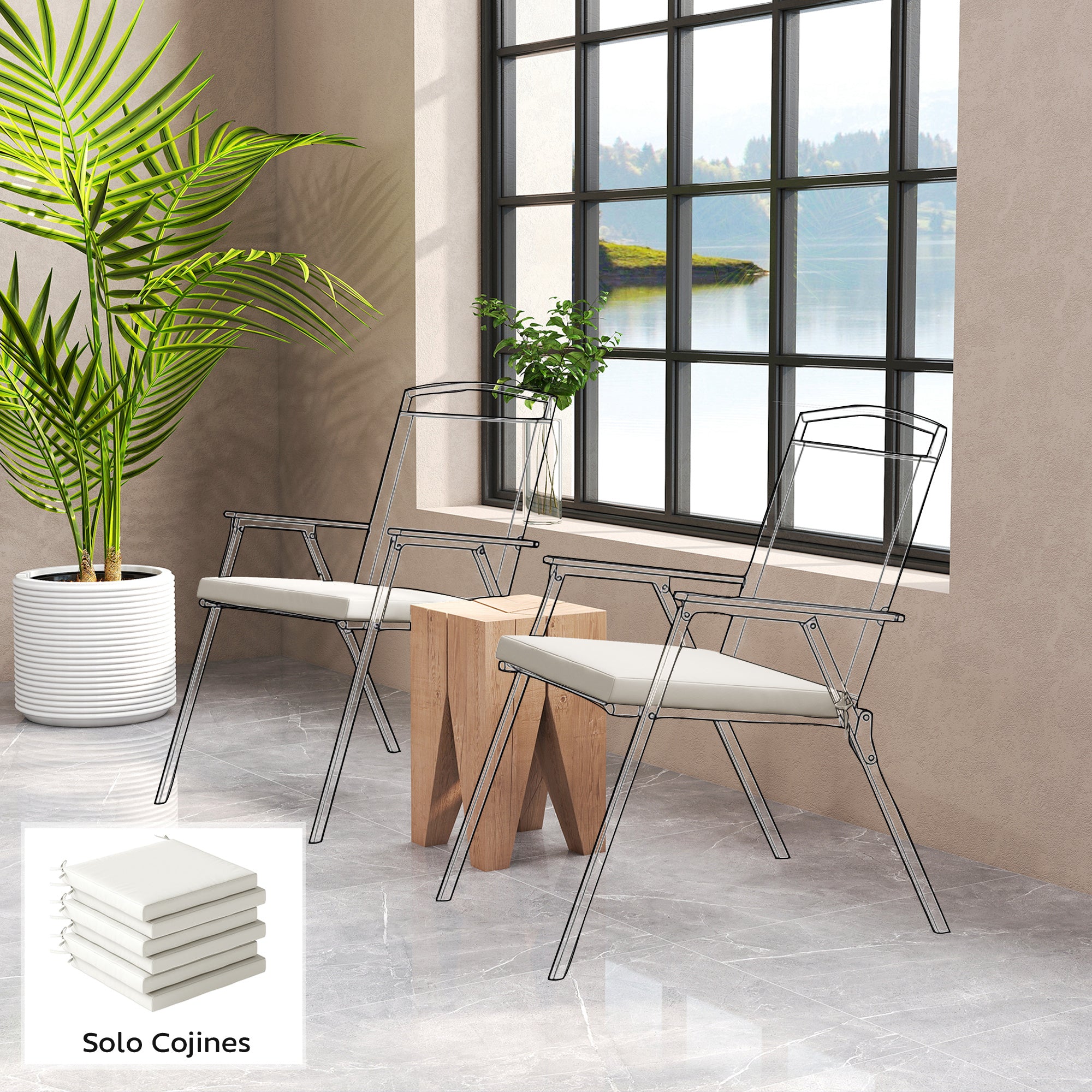 Outsunny Juego de Cojines para Sillas de Comedor, 46x42x7 cm, 6 Piezas, Cojines para Sillas de Jardín con Funda Lavable y Lazos, Impermeable y Anti-UV, Crema