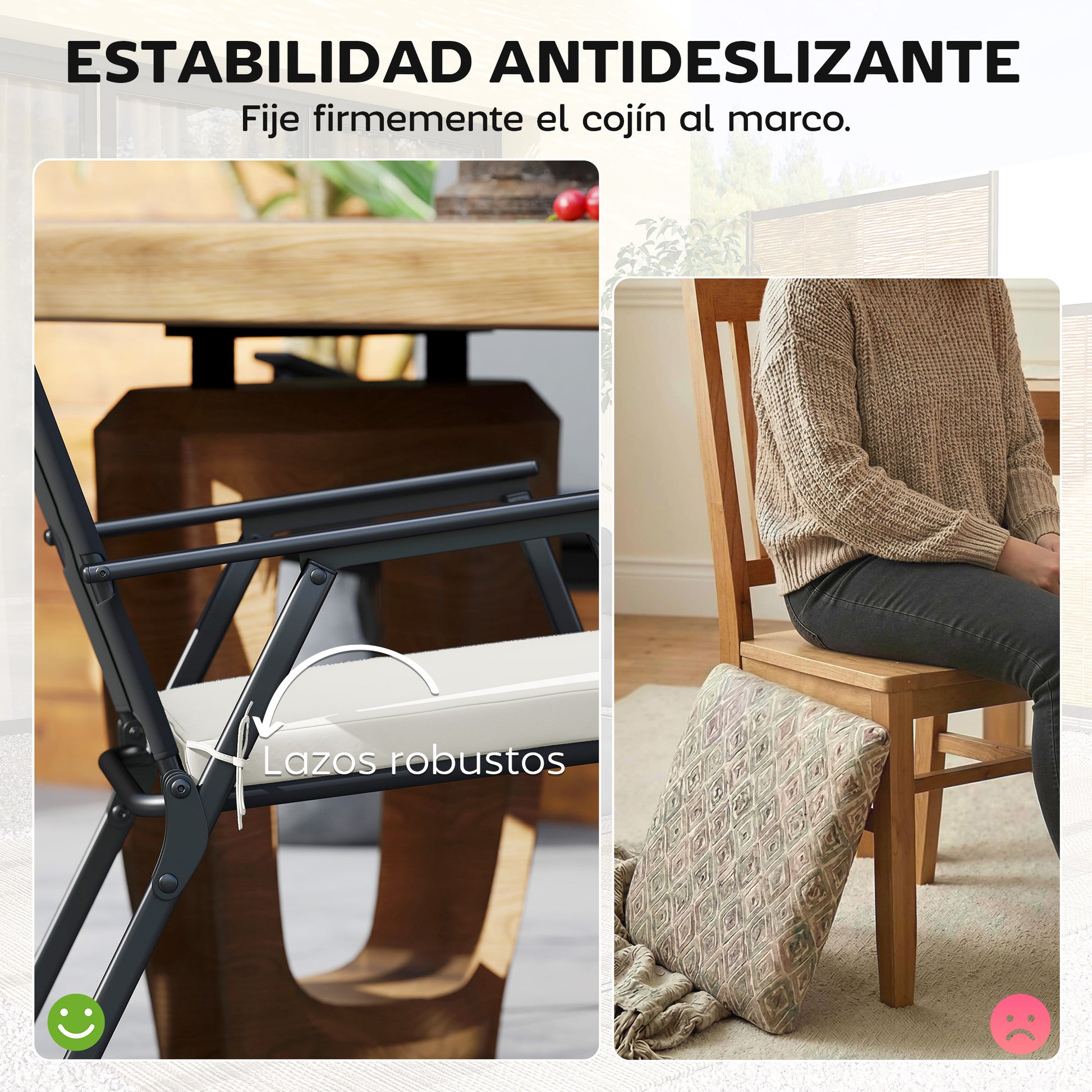 Outsunny Juego de Cojines para Sillas de Comedor, 46x42x7 cm, 6 Piezas, Cojines para Sillas de Jardín con Funda Lavable y Lazos, Impermeable y Anti-UV, Crema