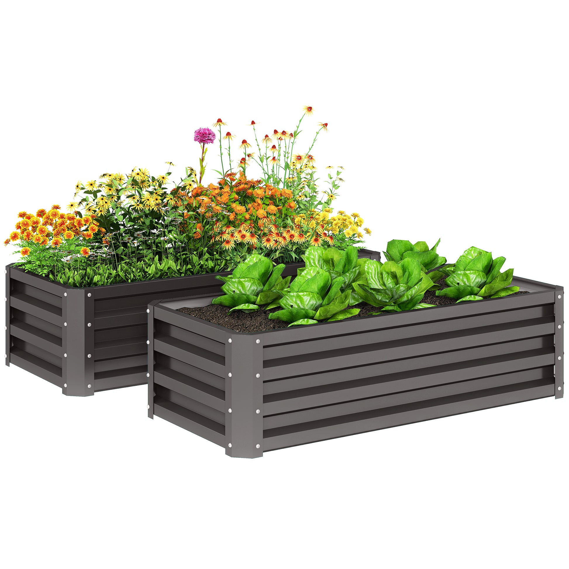 Outsunny Juego de 2 Jardineras Exterior Grandes de Acero Galvanizado, Huertos Urbanos, Maceteros Exterior Elevados para Plantas, Flores, Terraza, Jardín, Resistente a la Intemperie, 110x50x30 cm, Gris