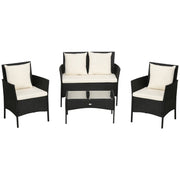 Outsunny Conjunto de Jardín de Ratán Sintético Juego de 4 Piezas Muebles de Jardín con 2 Sillones 1 Sofá de 2 Plazas 1 Mesa de Centro con Tablero de Vidrio y Cojines Negro y Crema