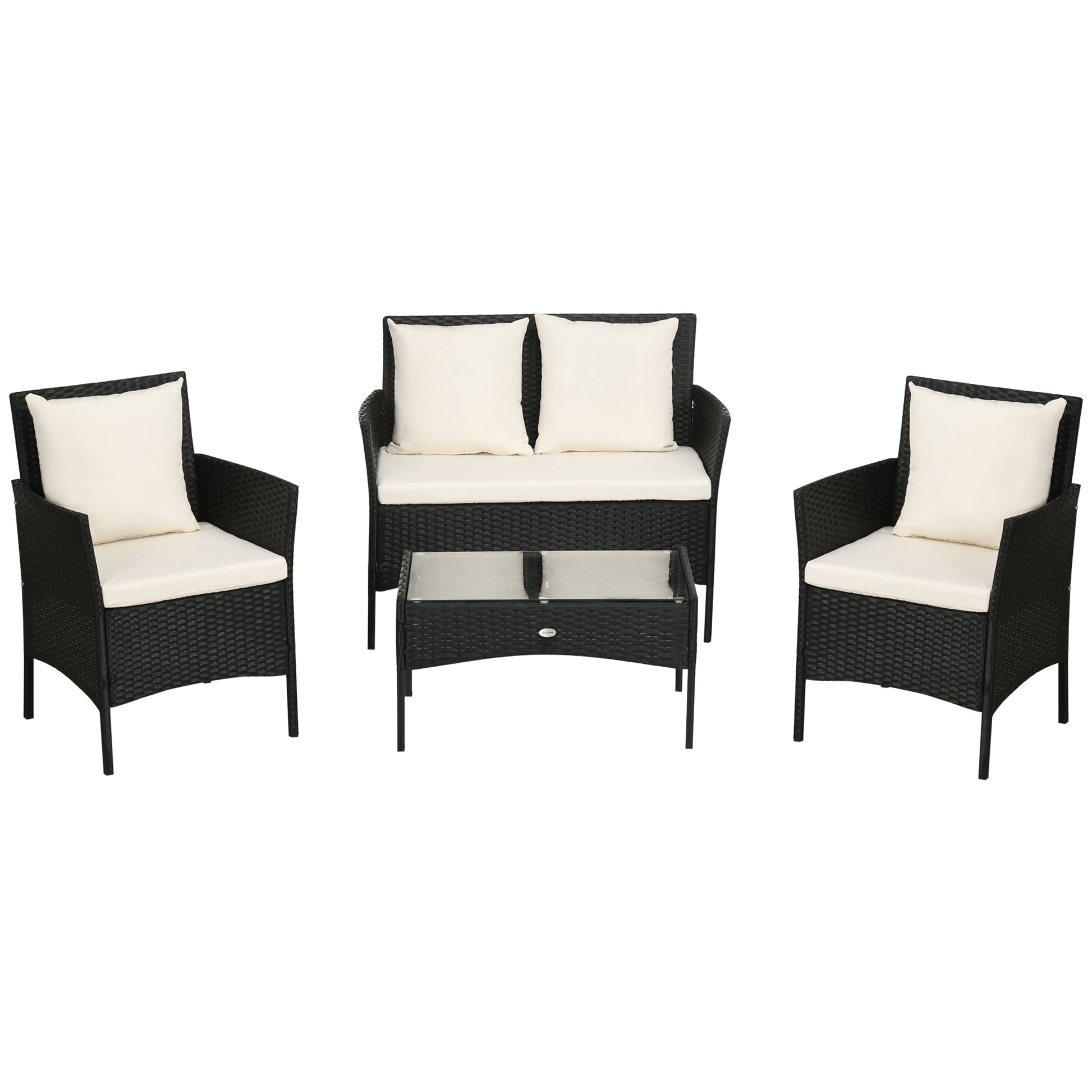 Outsunny Conjunto de Jardín de Ratán Sintético Juego de 4 Piezas Muebles de Jardín con 2 Sillones 1 Sofá de 2 Plazas 1 Mesa de Centro con Tablero de Vidrio y Cojines Negro y Crema