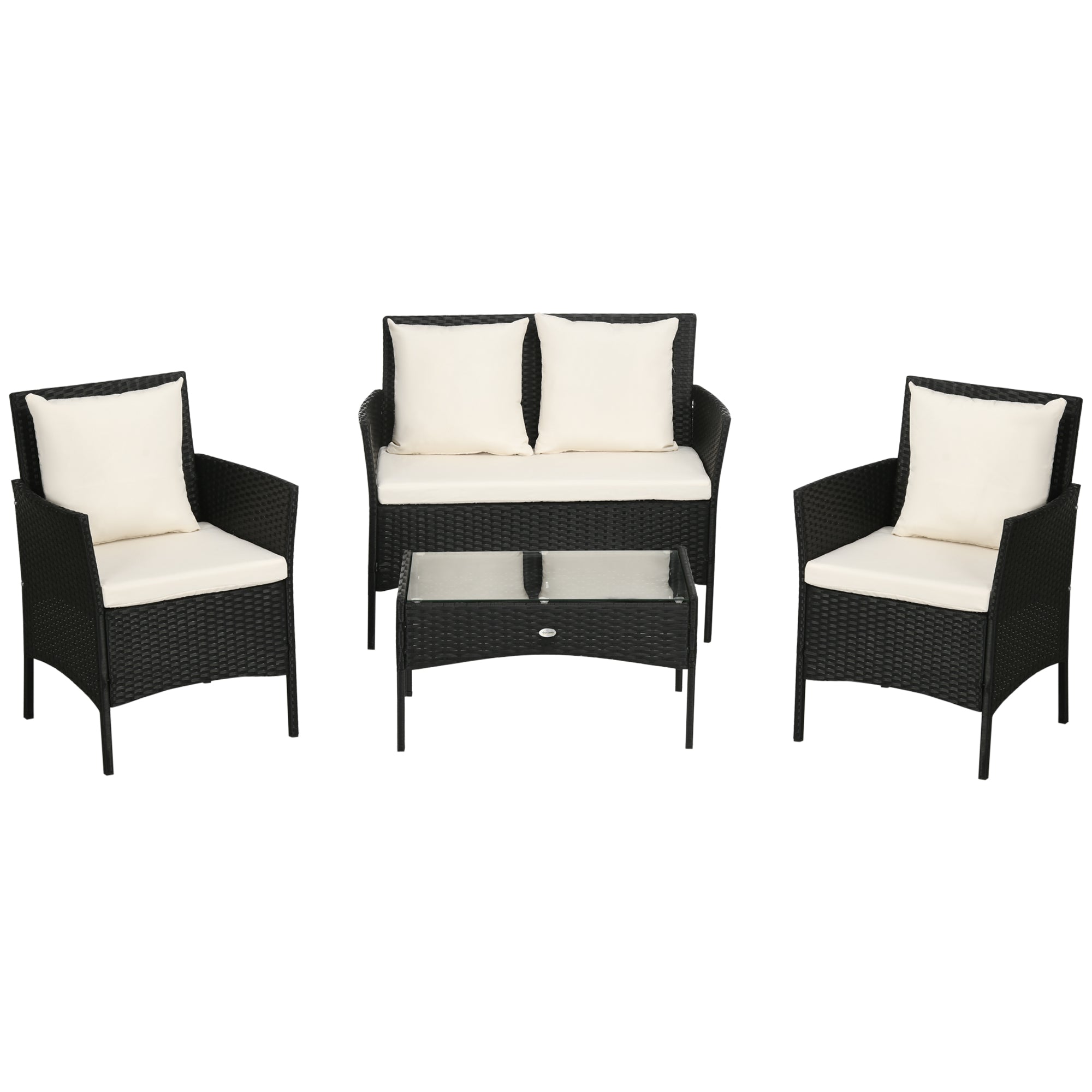 Outsunny Conjunto de Jardín de Ratán Sintético Juego de 4 Piezas Muebles de Jardín con 2 Sillones 1 Sofá de 2 Plazas 1 Mesa de Centro con Tablero de Vidrio y Cojines Negro y Crema