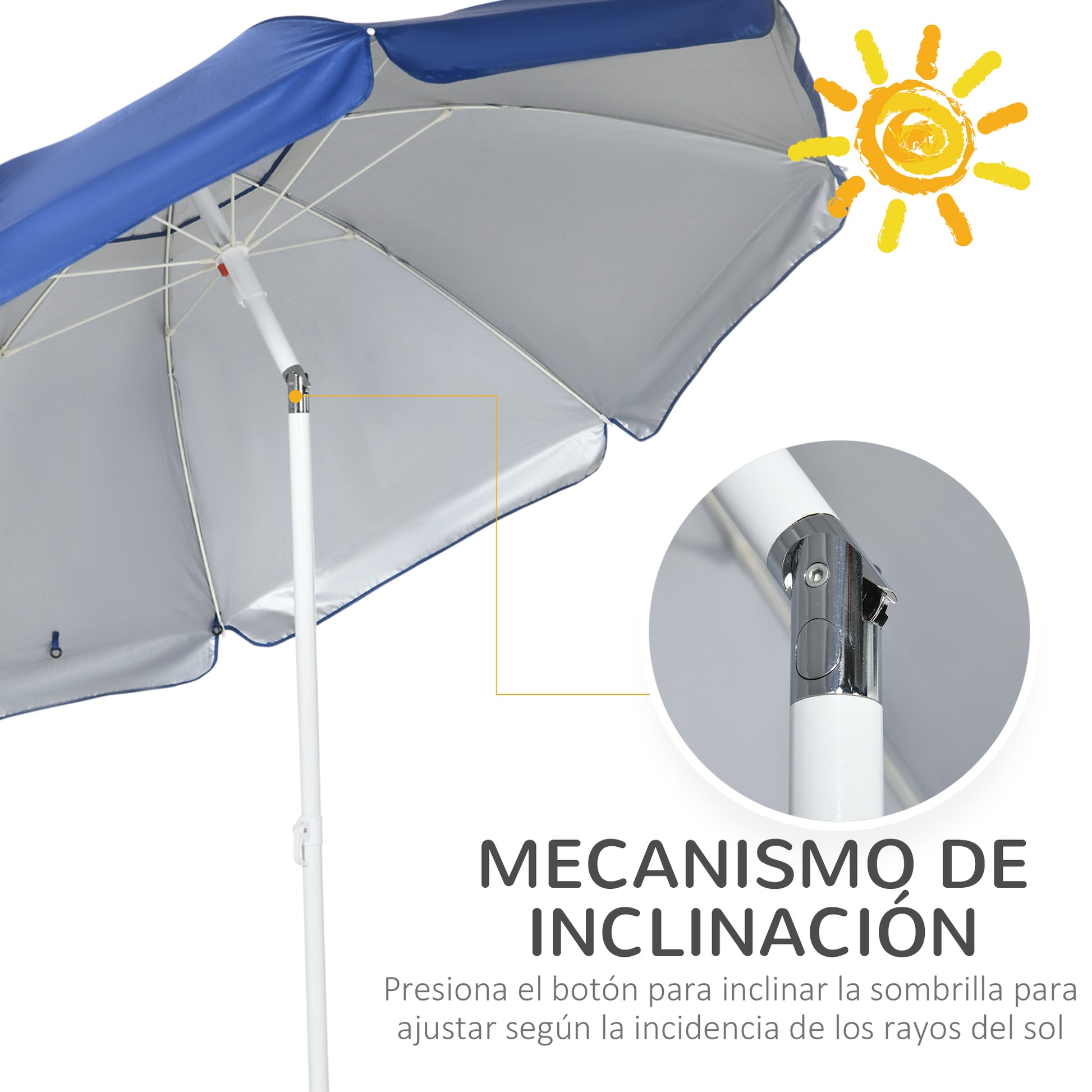 Outsunny Sombrilla de Playa con Panel Lateral Ø191x211 cm Parasol para Terraza con Manivela Manual Techo Inclinable 2 Bolsillos y 2 Ventanas para Jardín Piscina Azul