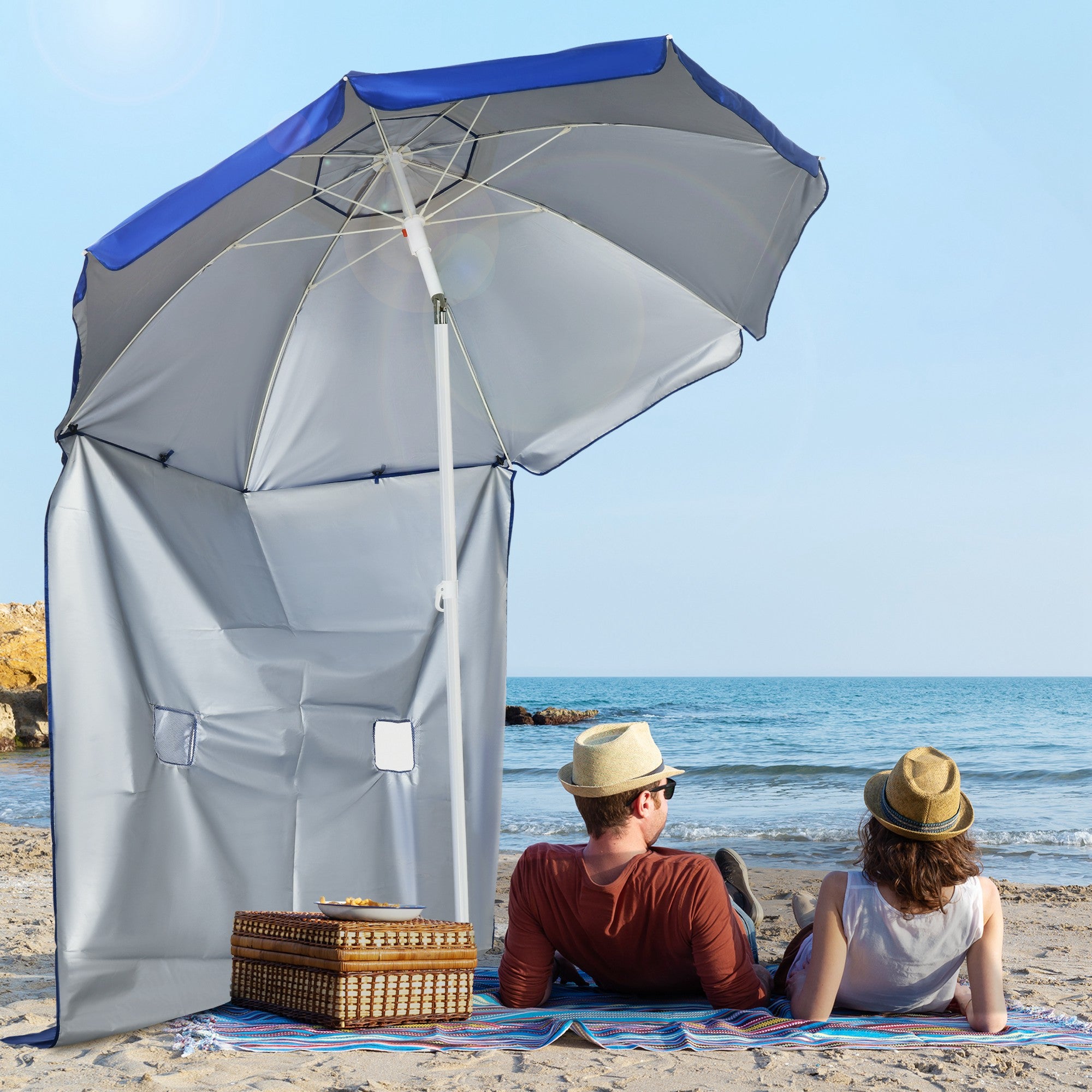 Outsunny Sombrilla de Playa con Panel Lateral Ø191x211 cm Parasol para Terraza con Manivela Manual Techo Inclinable 2 Bolsillos y 2 Ventanas para Jardín Piscina Azul