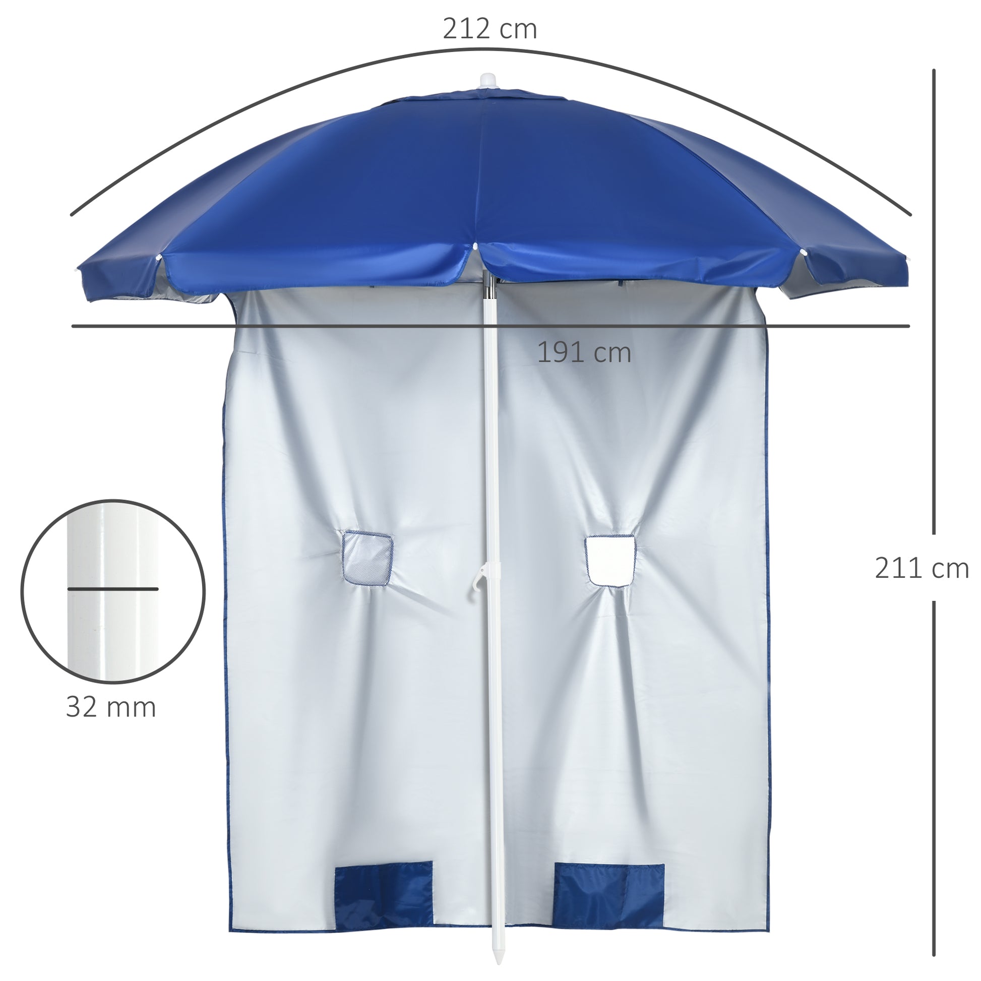Outsunny Sombrilla de Playa con Panel Lateral Ø191x211 cm Parasol para Terraza con Manivela Manual Techo Inclinable 2 Bolsillos y 2 Ventanas para Jardín Piscina Azul