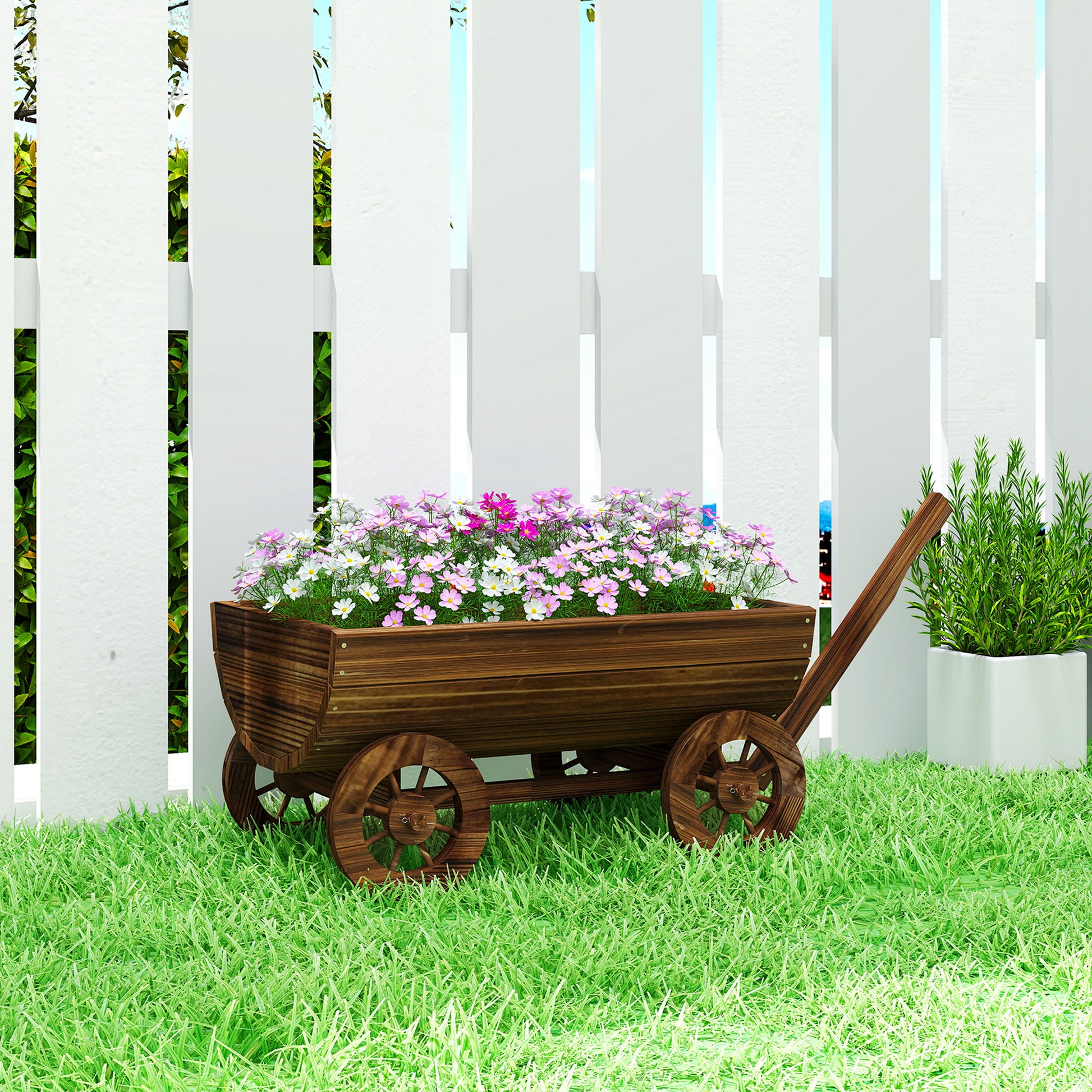 Outsunny Carrito de Madera Decorativa con 4 Ruedas y Mango, Jardinera Exterior Móvil con Orificio de Drenaje, Macetero Exterior para Cultivos, Plantas, Jardín, Terraza, 115x40x54,5 cm, Carbonizado