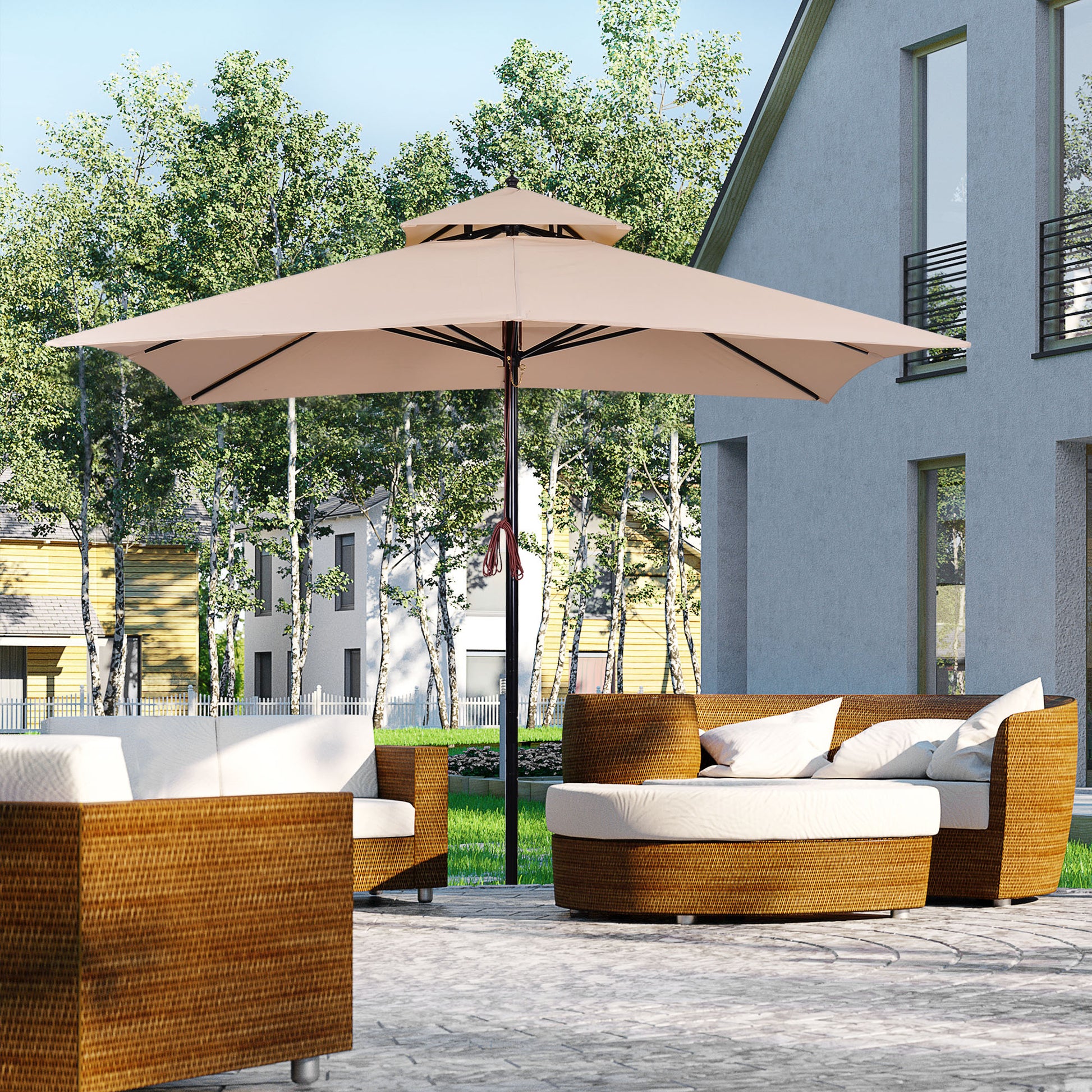 Outsunny Sombrilla de Jardín 3x3x3 m Parasol de Jardín de Metal con Doble Techo Impermeable y Manivela para Terraza Balcón Exterior Beige