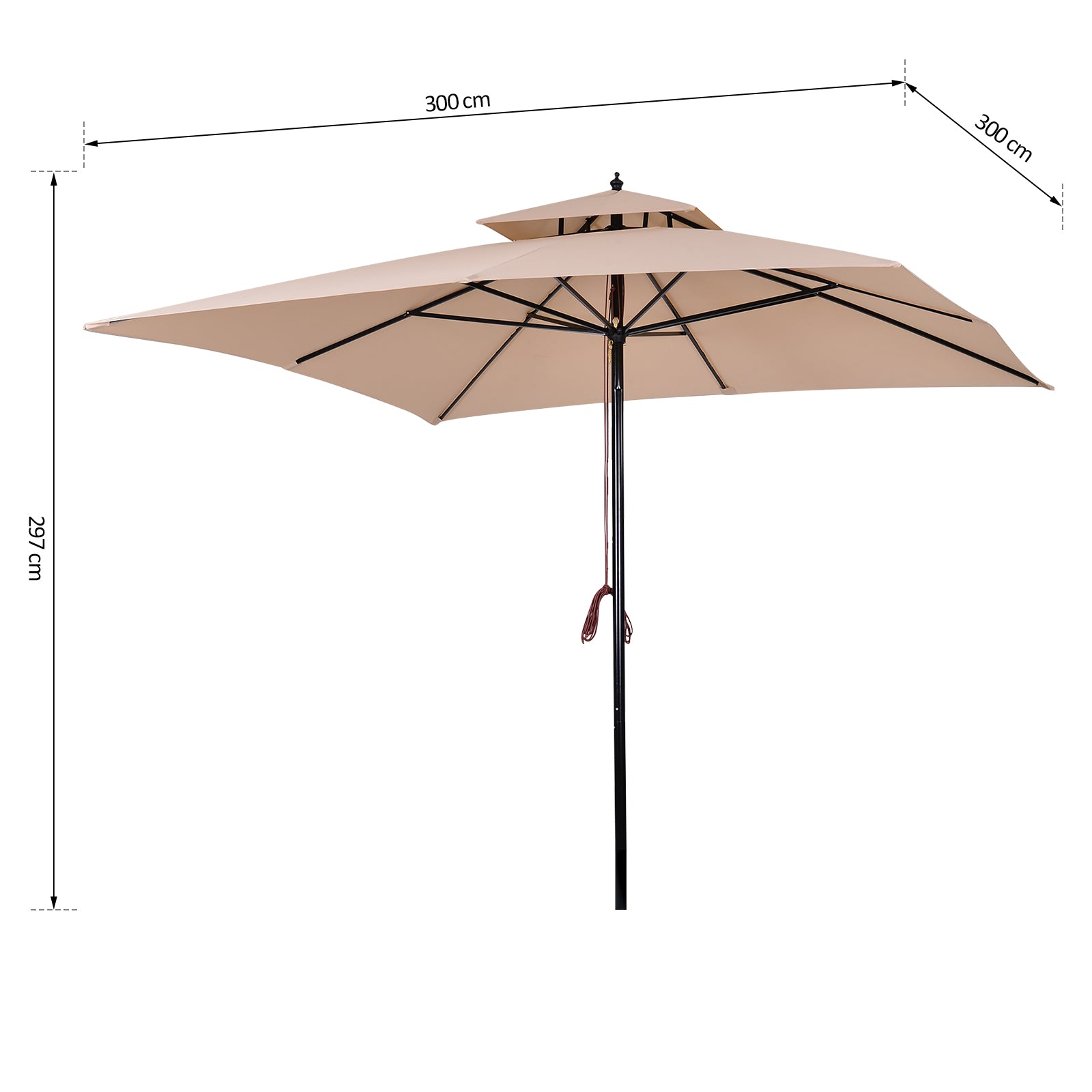 Outsunny Sombrilla de Jardín 3x3x3 m Parasol de Jardín de Metal con Doble Techo Impermeable y Manivela para Terraza Balcón Exterior Beige
