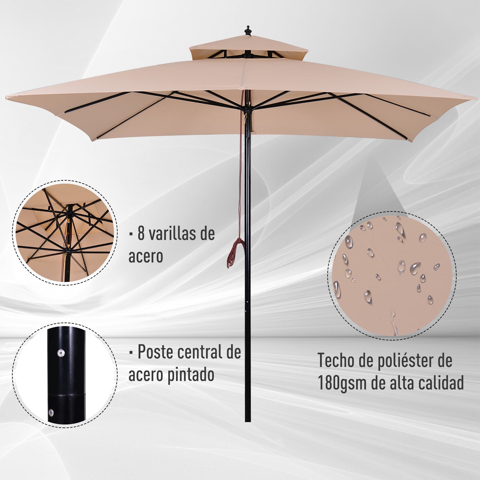 Outsunny Sombrilla de Jardín 3x3x3 m Parasol de Jardín de Metal con Doble Techo Impermeable y Manivela para Terraza Balcón Exterior Beige