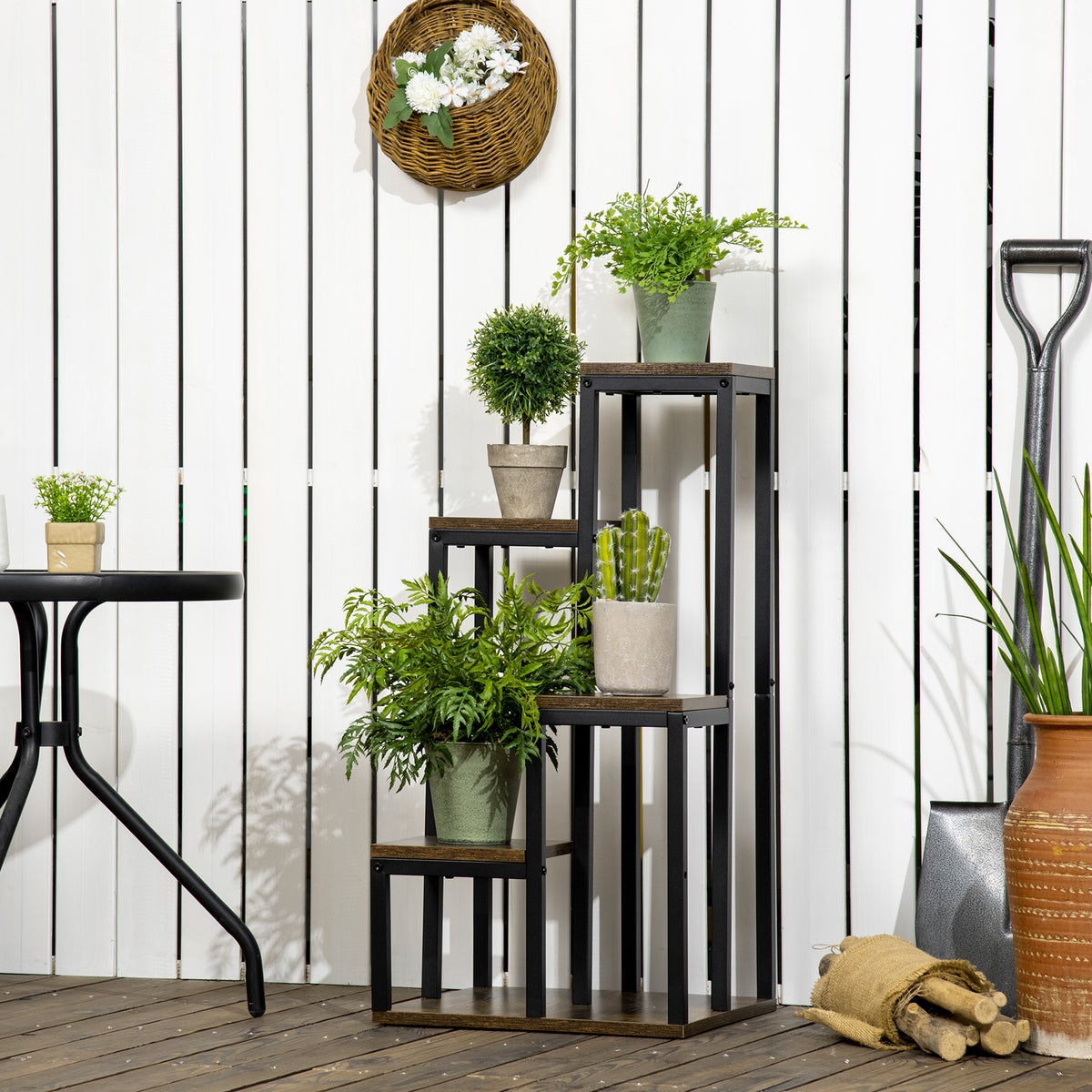 Outsunny Soporte para Plantas de Madera de 4 Niveles, Estantería para Plantas con Base Multiusos, Soporte para Macetas para Interior y Exterior, Balcón, Terraza, Jardín, 40x40x81 cm, Marrón Rústico