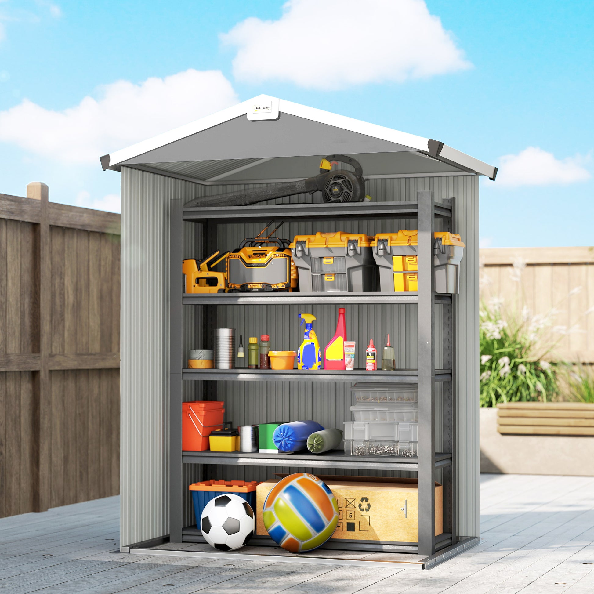 Outsunny Caseta de Jardín Exterior 1,1 m², 133x87x178 cm, Cobertizo de Jardín Exterior Metálico con Puertas Correderas, Techo Inclinado y Guantes, para Almacenaje de Herramientas Bicicletas, Gris