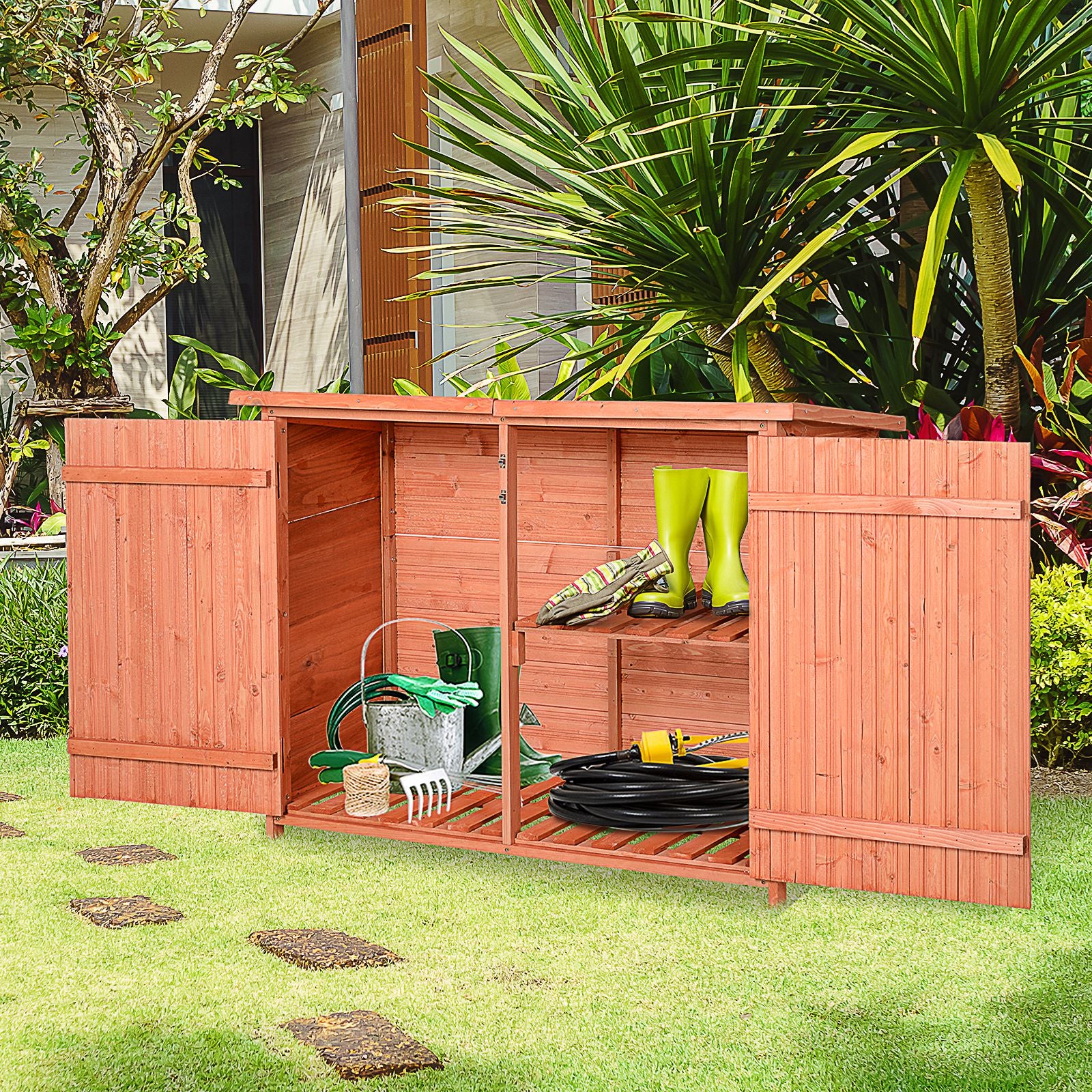 Outsunny Armario de Jardín de Madera 128x49x91 cm Cobertizo para Almacenaje de Herramientas con Techo Asfáltico 2 Niveles y 2 Puertas con Cerraduras para Exterior Terraza Natural